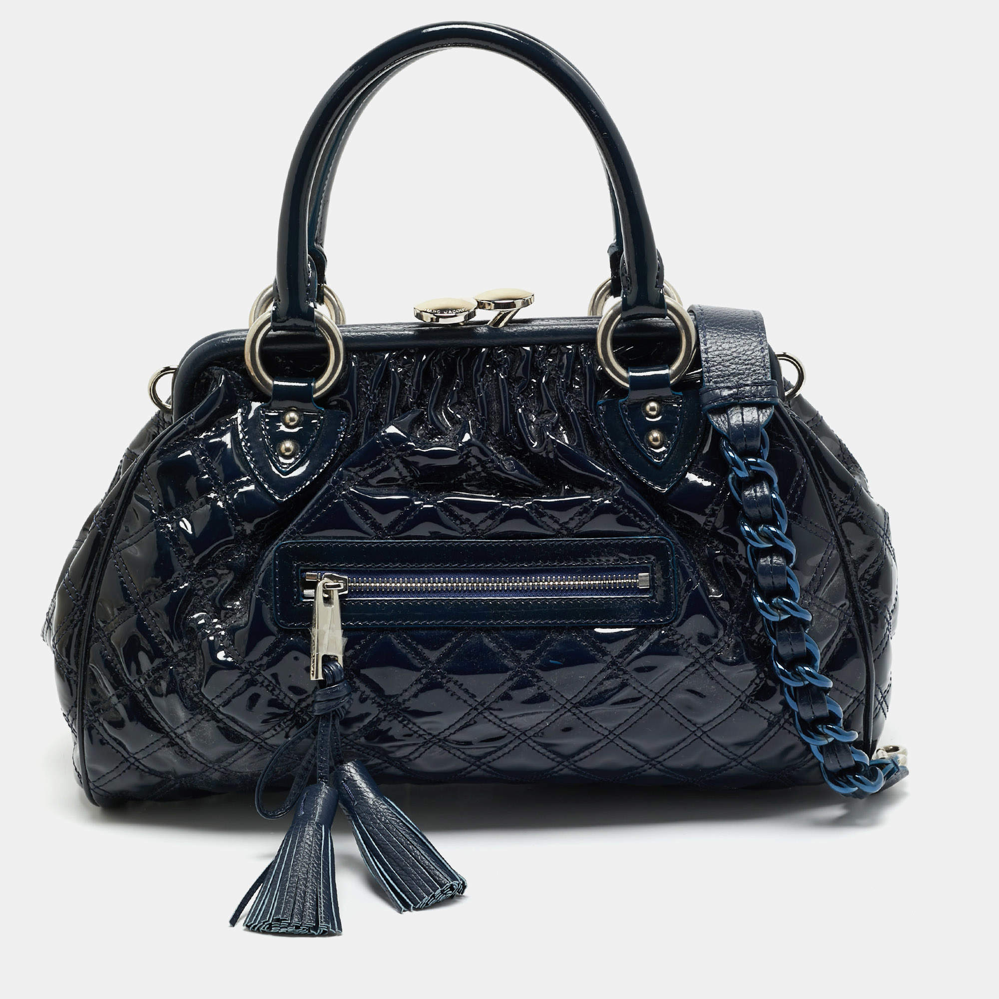 Pre Owned Marc Jacobs Navy Blue Quilted Patent Leather Stam Satchel