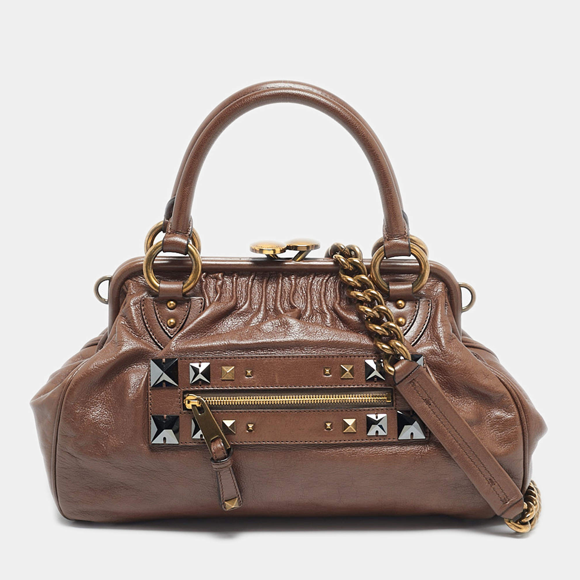 Pre Owned Marc Jacobs Brown Leather Studs Embellished Stam Satchel