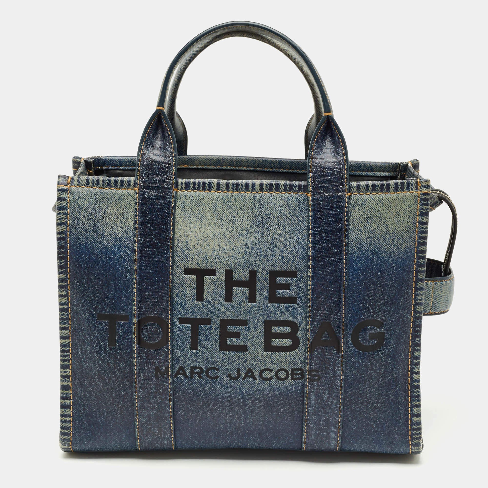 Pre Owned Marc Jacobs Navy Blue Denim Printed Leather Medium The Tote Bag