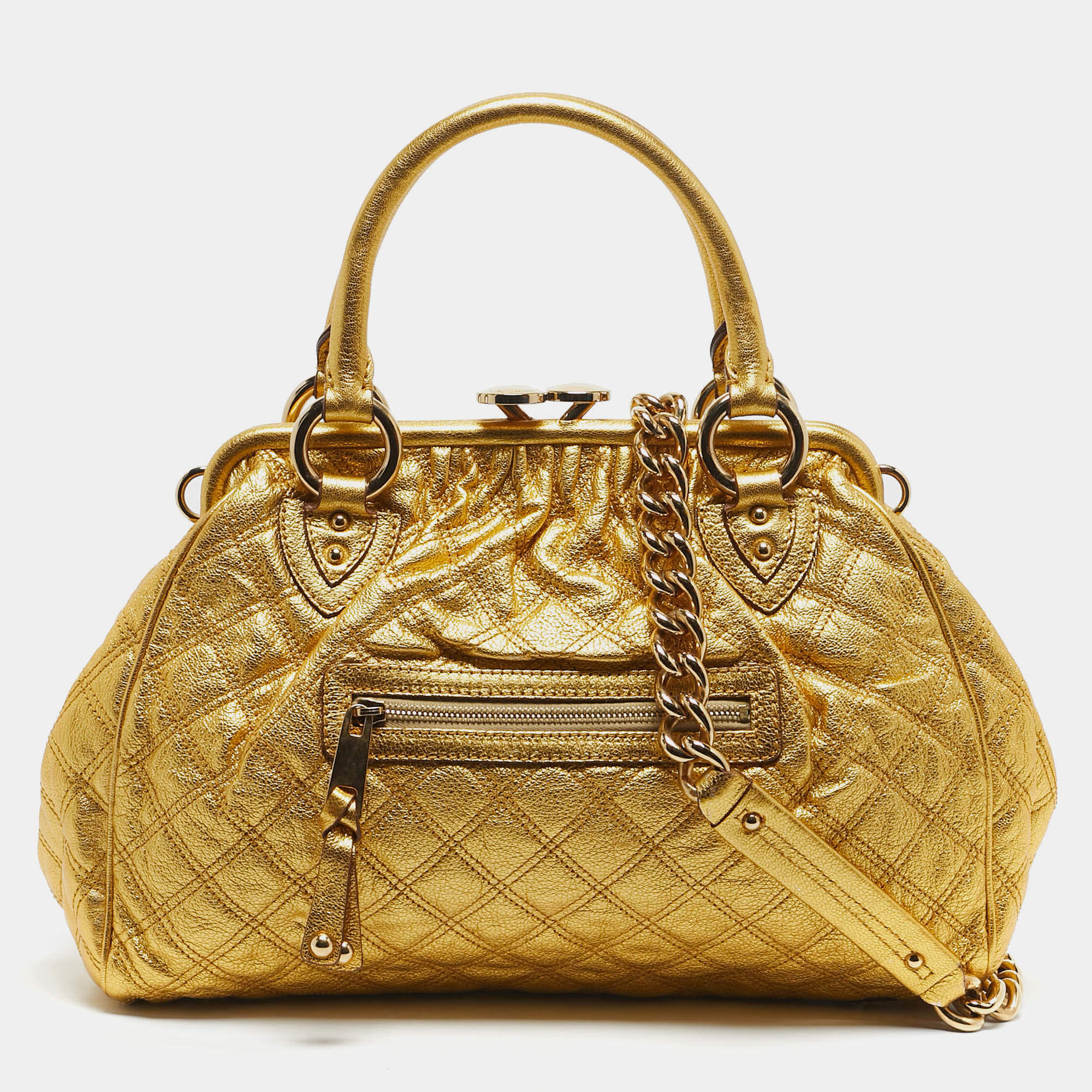 Pre Owned Marc Jacobs Gold Quilted Leather Stam Satchel