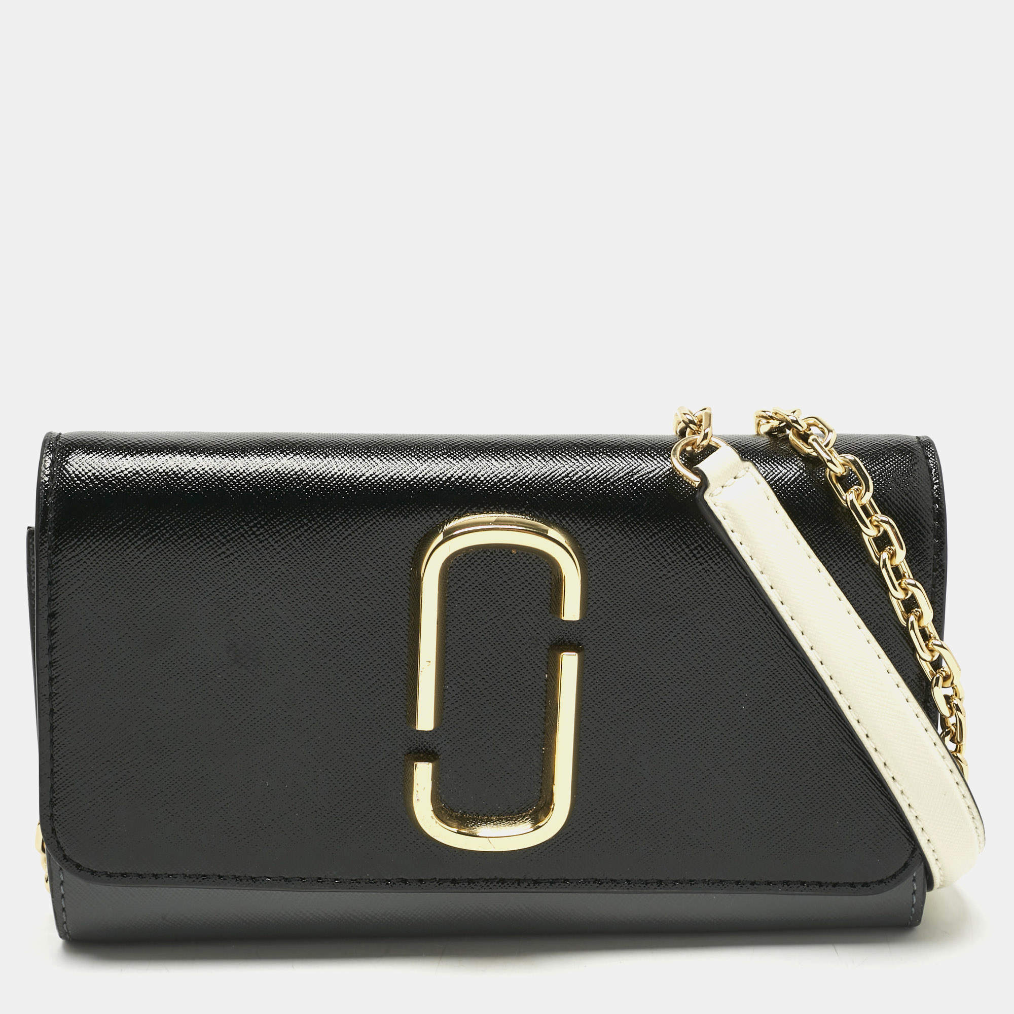 Pre Owned Marc Jacobs Black/Grey Glossy Leather Snapshot Wallet On Chain