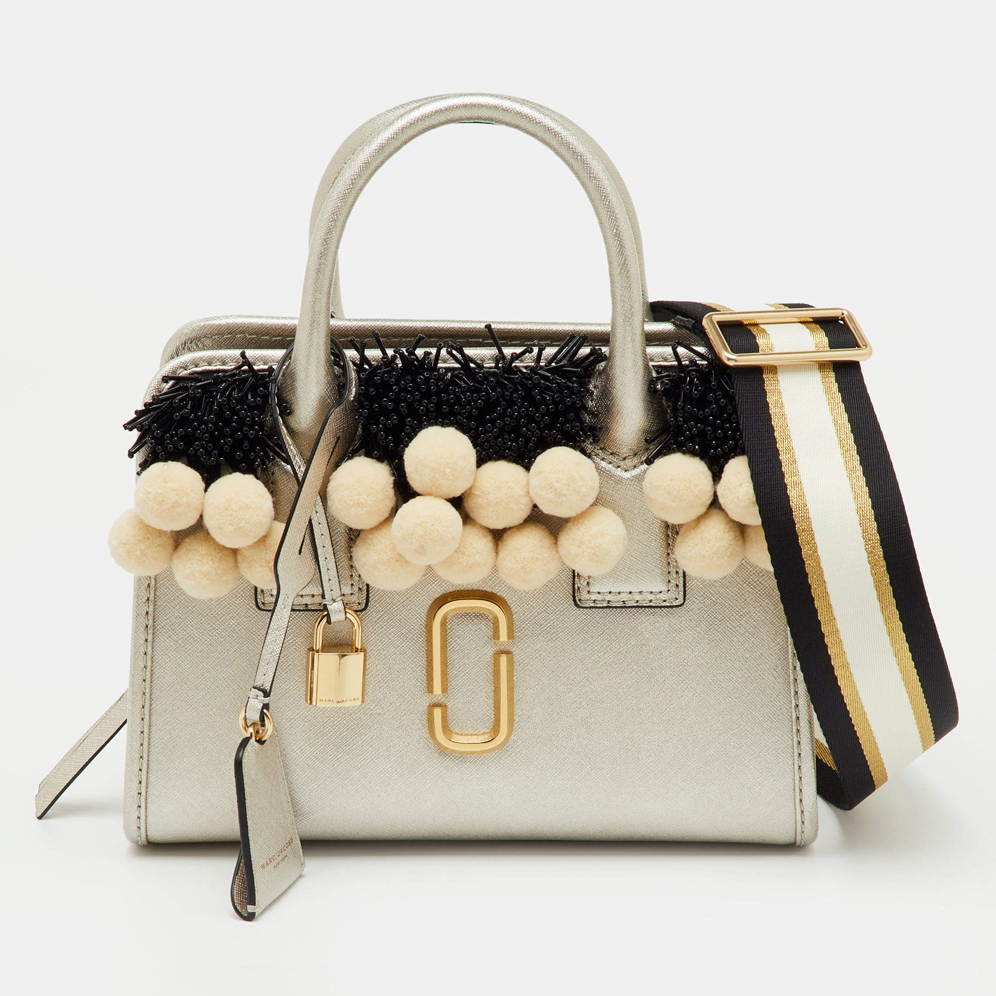 Pre Owned Marc Jacobs Metallic Light Gold Leather Beads and Pom Pom Little Big Shot Bag