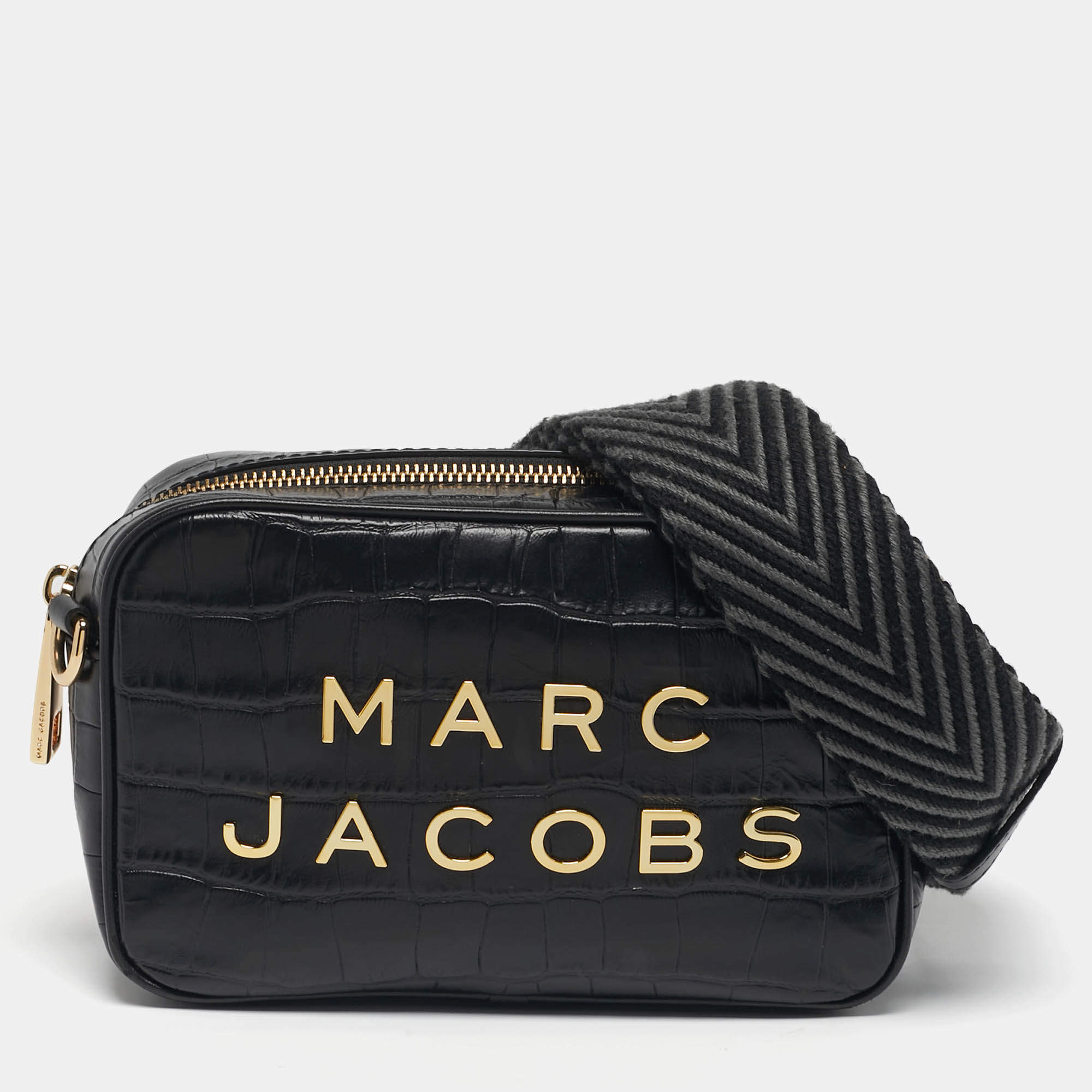 Pre Owned Marc Jacobs Black Flash Croc Embossed Leather Camera Crossbody Bag