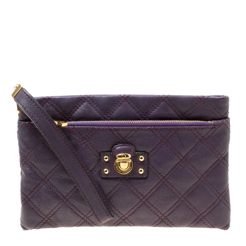 Pre Owned Marc Jacobs Purple Quilted Leather Wristlet Clutch