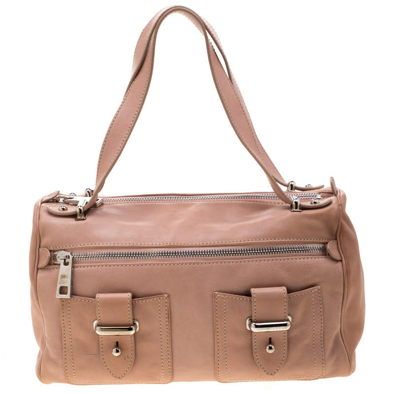 Pre Owned Marc Jacobs Peach Leather Double Buckle Pocket Boston Bag