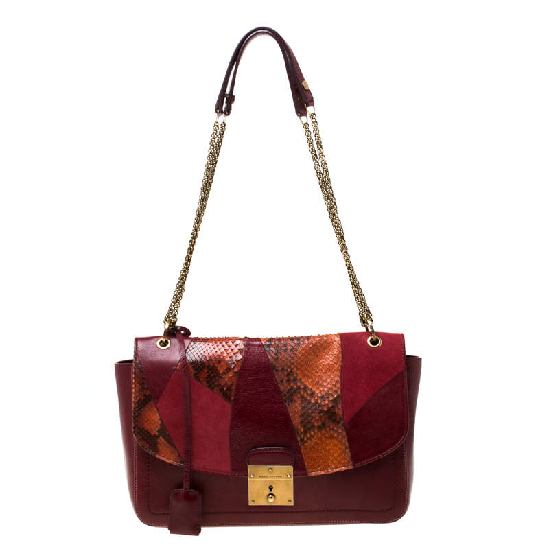 Pre Owned Marc Jacobs Burgundy Leather, Suede and Python Trim Polly Shoulder Bag