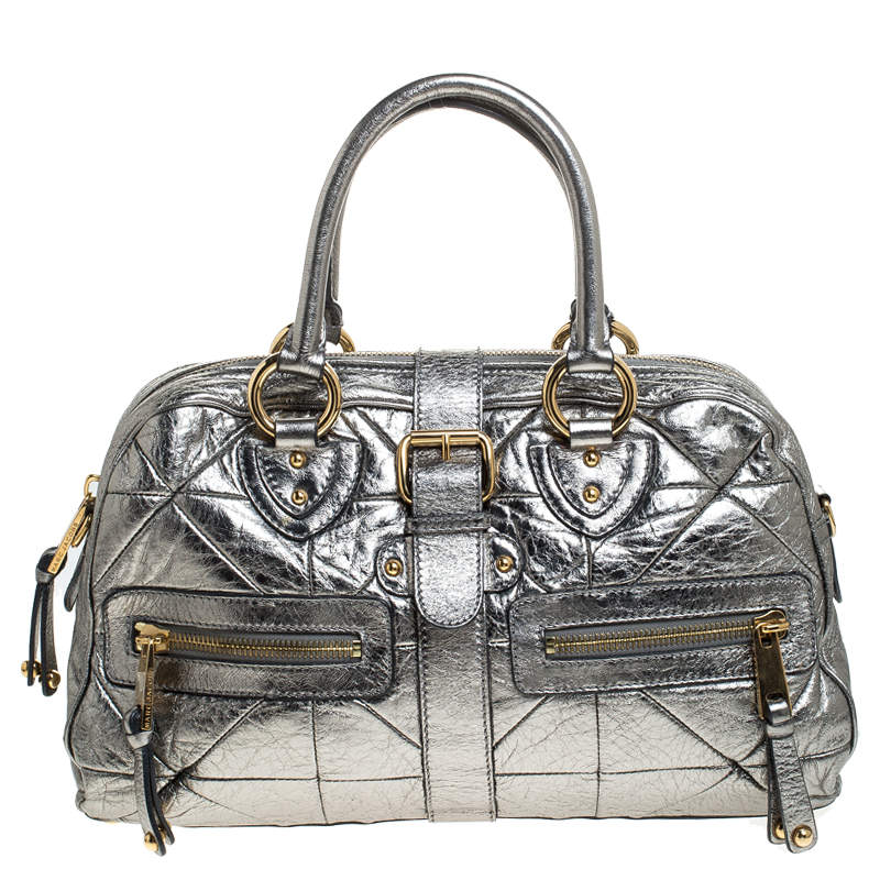 Pre Owned Marc Jacobs Grey Metallic Leather Double Zip Pocket Satchel