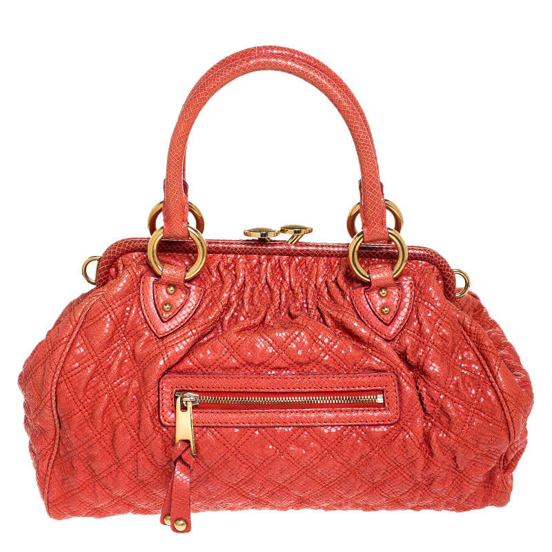 Marc Jacobs Orange Snake Skin Embossed Leather Stam Satchel