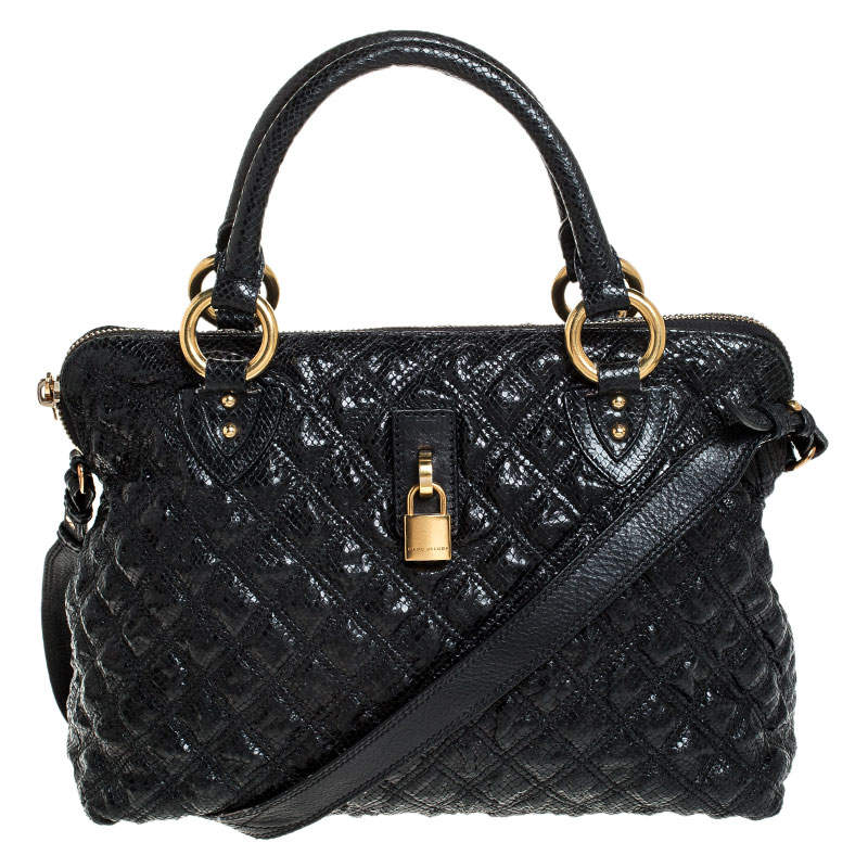 Pre Owned Marc Jacobs Black Quilted Snake Skin Embossed Leather Tote