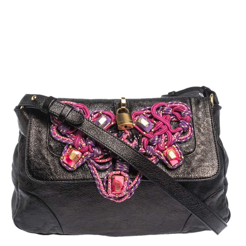 Pre Owned Marc Jacobs Metallic Black Leather Flap Crossbody Bag