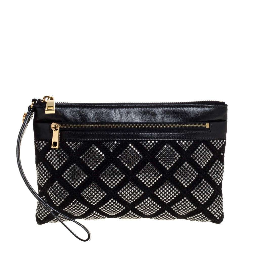 Pre Owned Marc Jacobs Black Crystal Embellished Quilted Suede and Leather Pouch