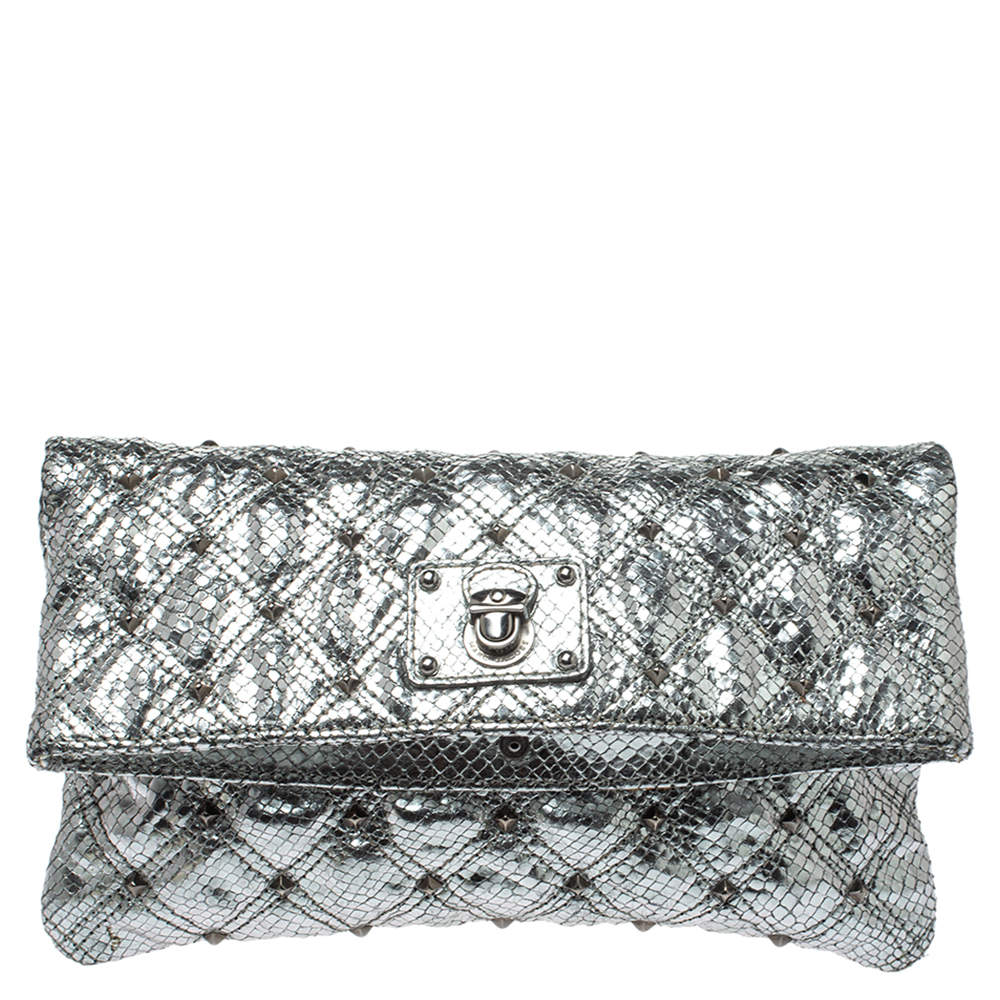 Marc Jacobs Silver Snake Effec Leather Foldover Clutch