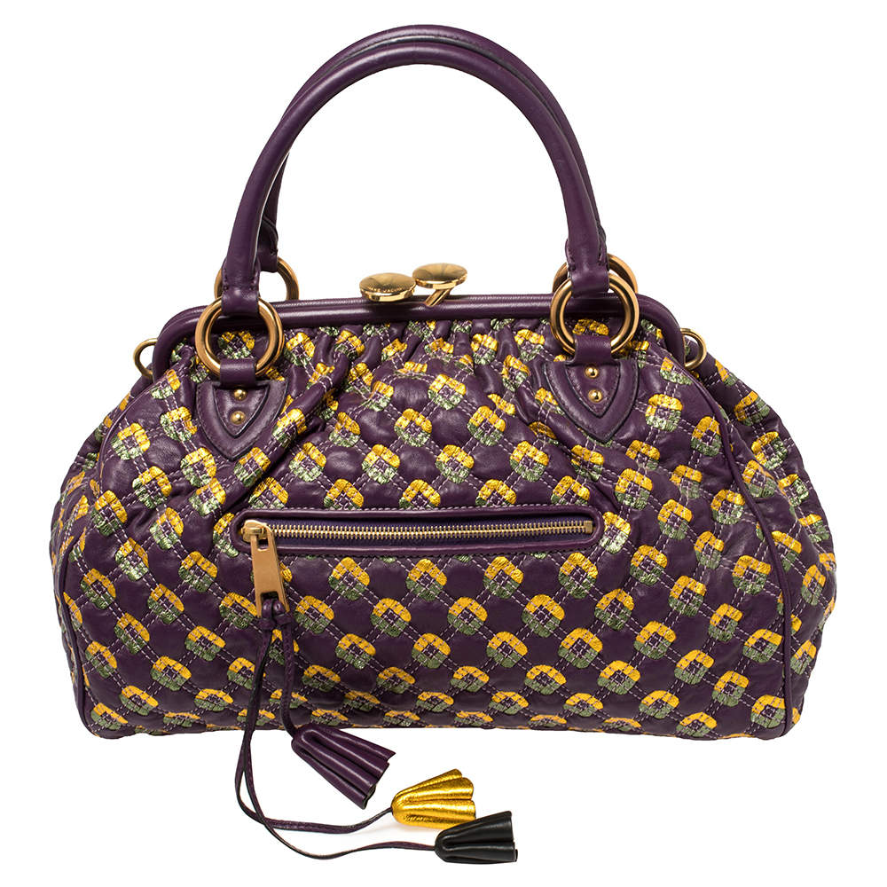 Pre Owned Marc Jacobs Purple/Gold Quilted Print Leather Stam Satchel