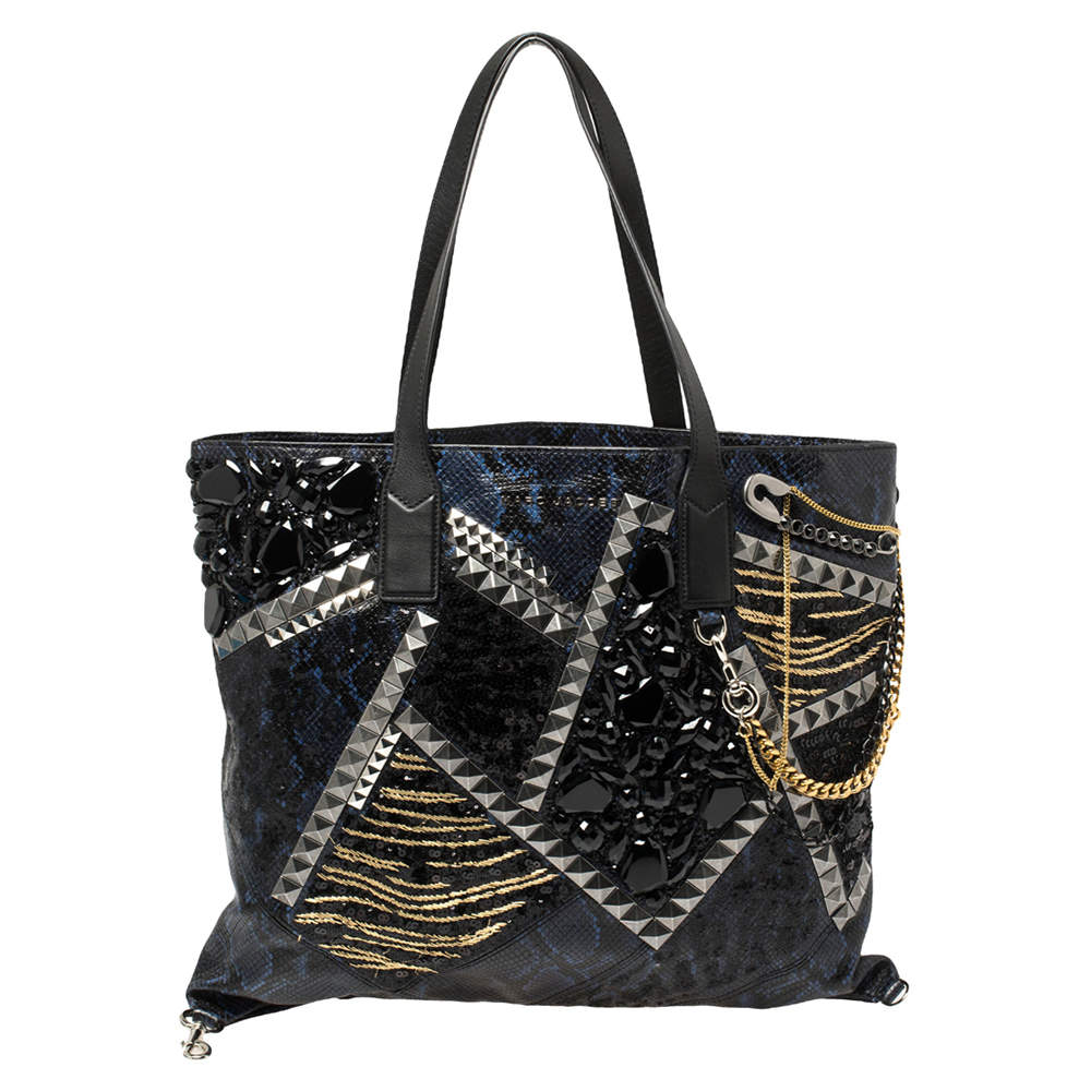 Marc Jacobs Blue/Black Python Embossed Leather Embellished Wingman Tote 