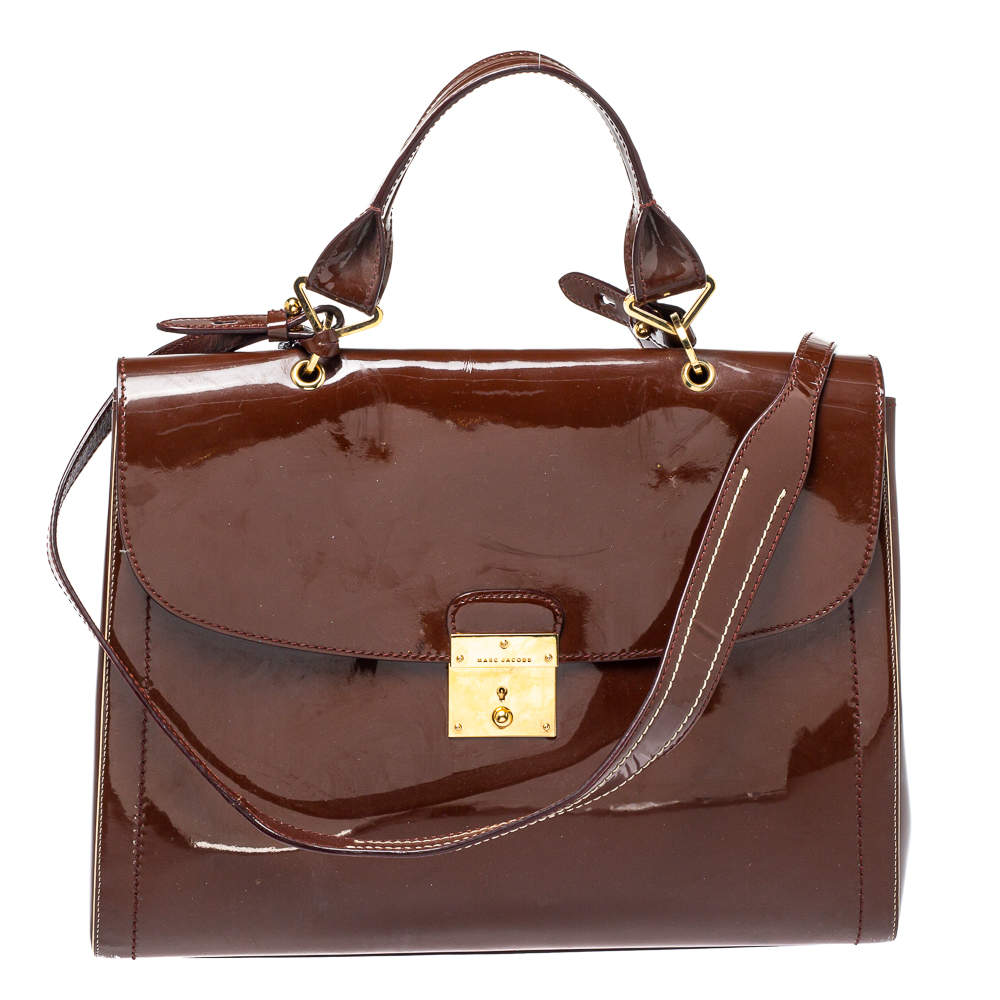 Marc Jacobs Brown Patent Leather Rider Top Handle Bag