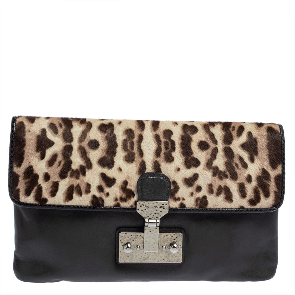 Marc Jacobs Grey/Brown Leopard Print Calfhair and Leather Safari Vip Clutch