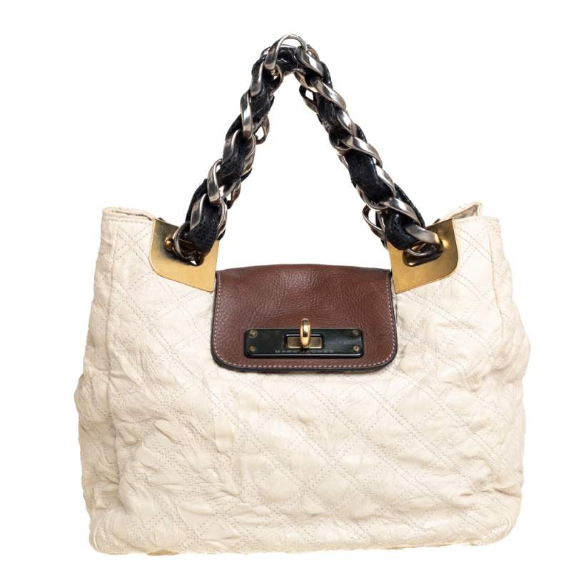 Pre Owned Marc Jacobs Cream/Brown Quilted Shimmer Leather Turnlock Flap Shoulder Bag