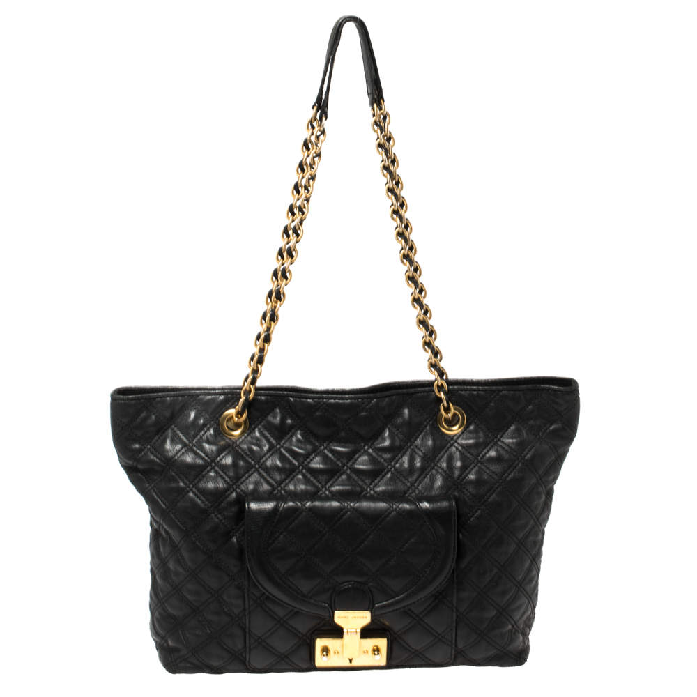 Pre Owned Marc Jacobs Black Leather Quilted Chain Tote