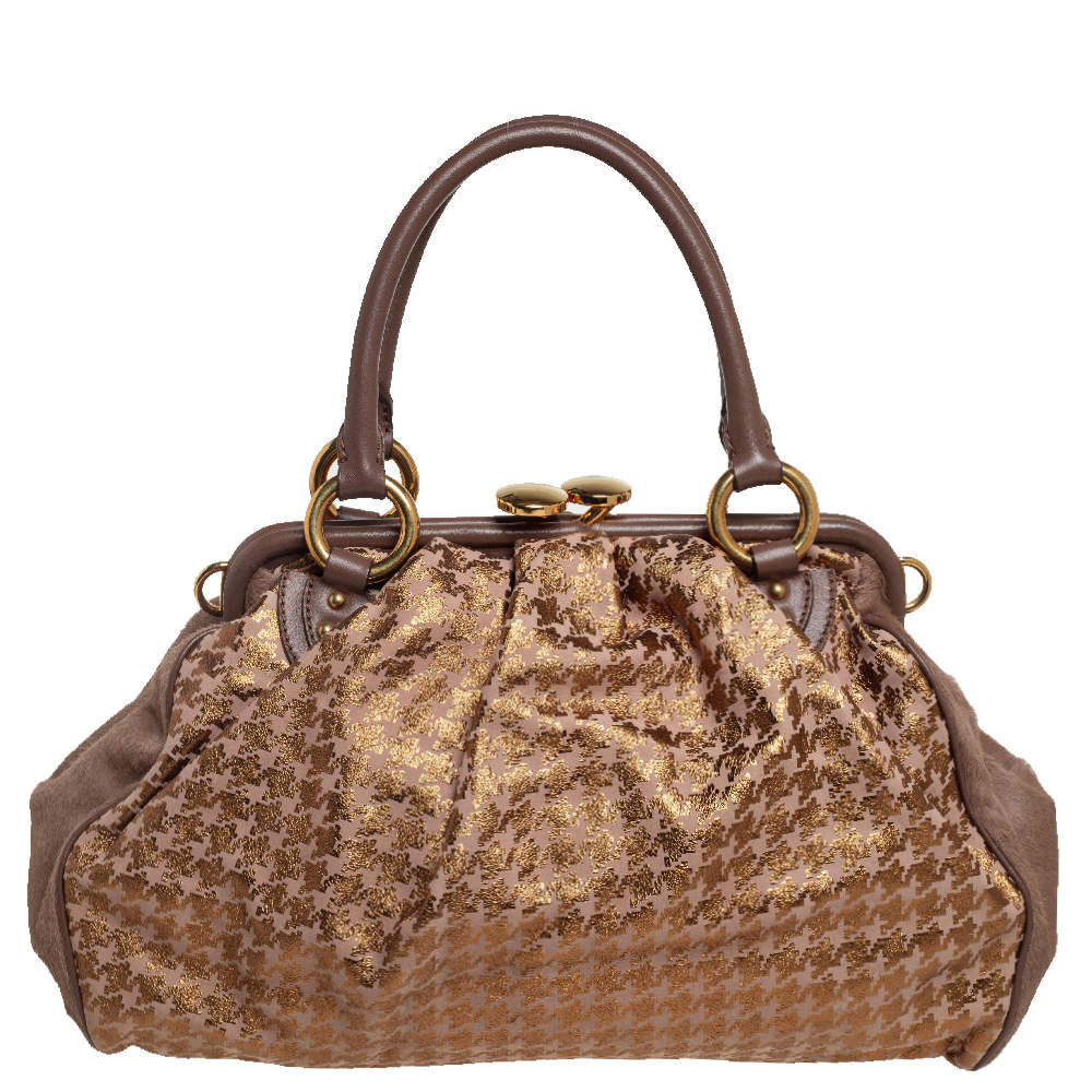 Pre Owned Marc Jacobs Brown/Gold Houndstooth Print Leather and Calfhair Stam Satchel