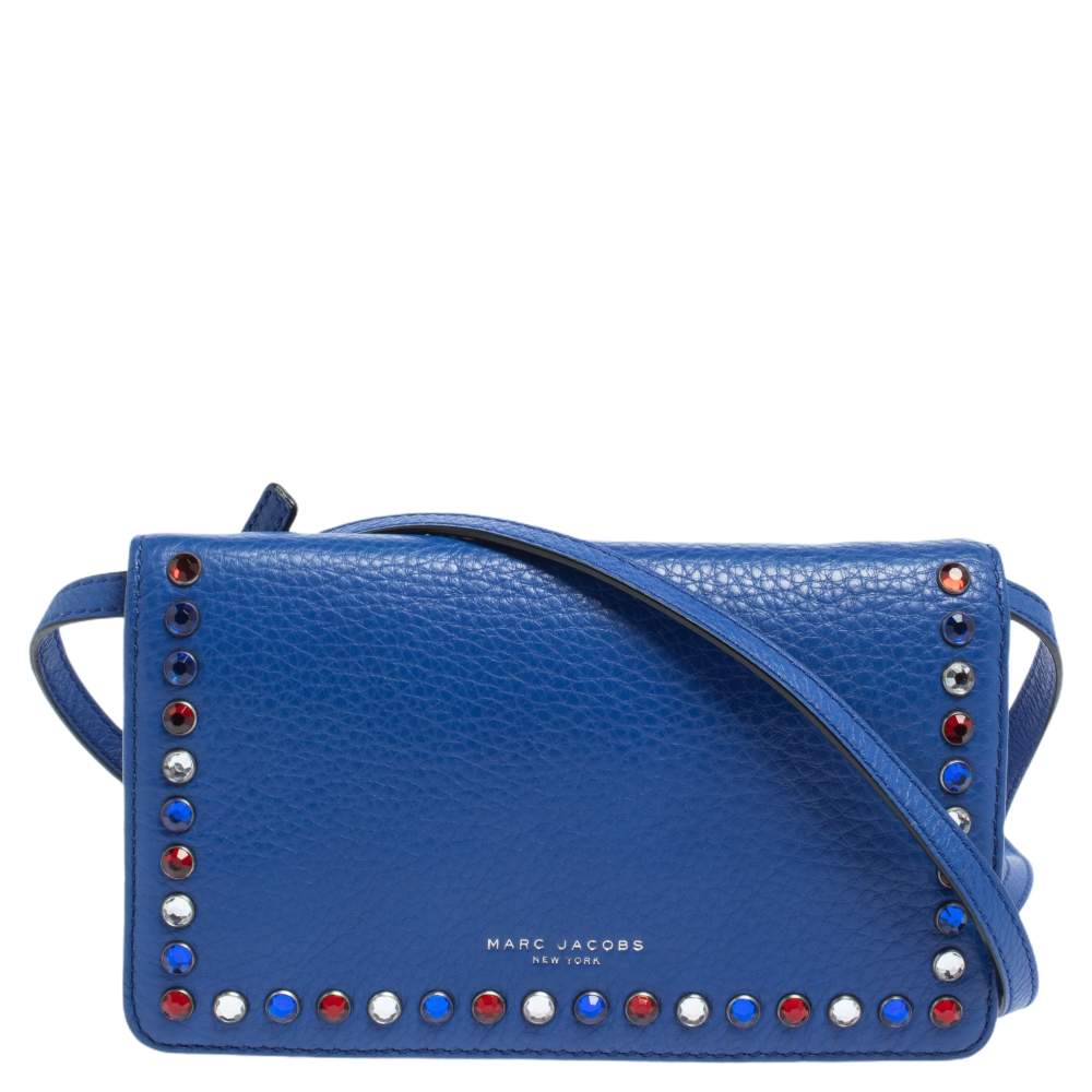 Pre Owned Marc Jacobs Blue Leather Jewel Embellished Wallet on Strap 