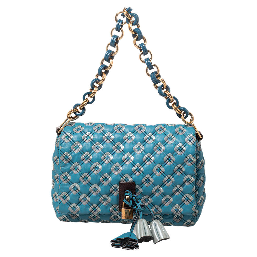 Pre Owned Marc Jacobs Blue Printed Leather Flap Padlock Shoulder Bag