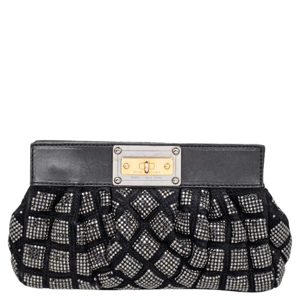 Marc Jacobs Black Suede And Leather Embellished Clutch