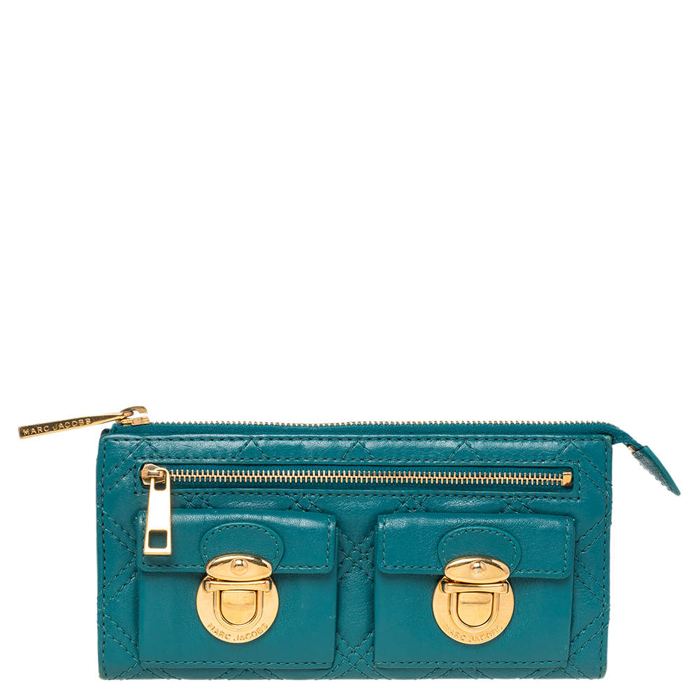 Marc Jacobs Teal Blue Quilted Leather Double Pocket Zip Clutch