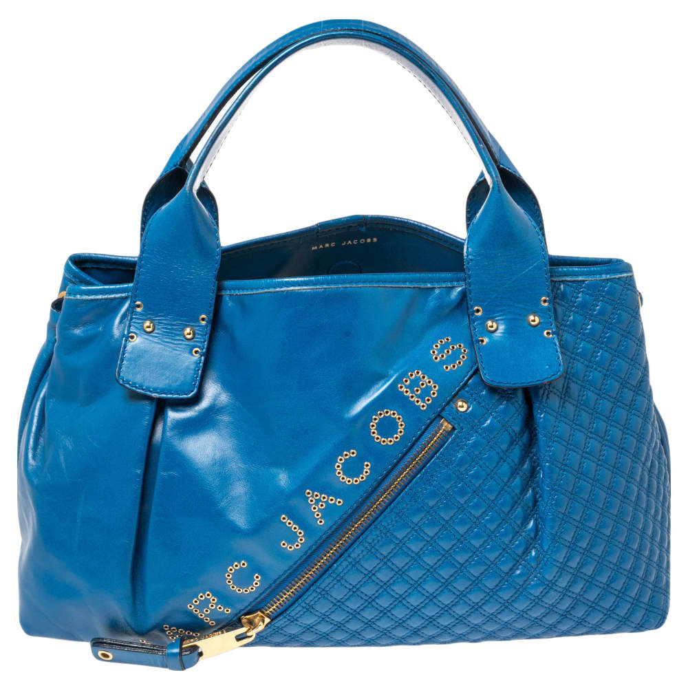 Pre Owned Marc Jacobs Blue Quilted Glossy Leather Eyelet Logo Tote