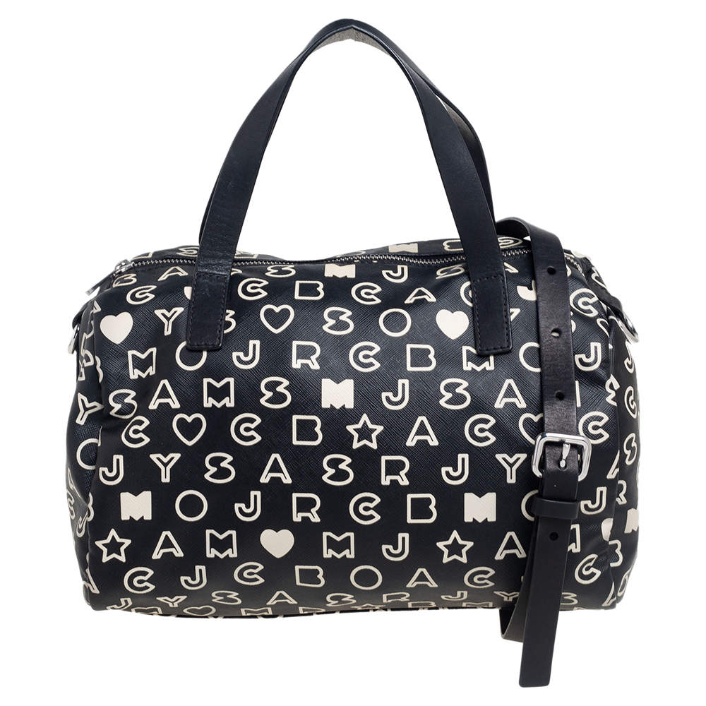 Pre Owned Marc Jacobs Black/White Dreamy Logo Coated Canvas and Leather Eazy Taryn Boston Bag