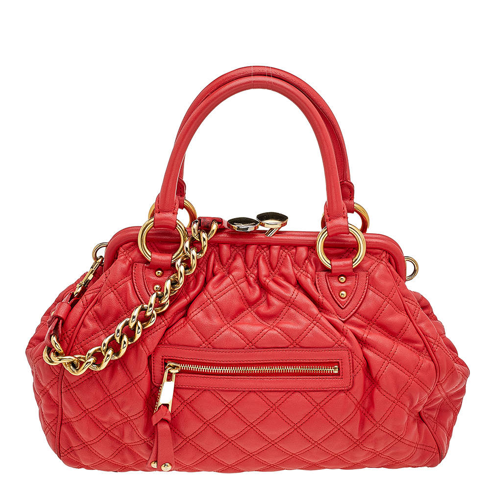 Pre Owned Marc Jacobs Bright Orange Quilted Leather Stam Satchel