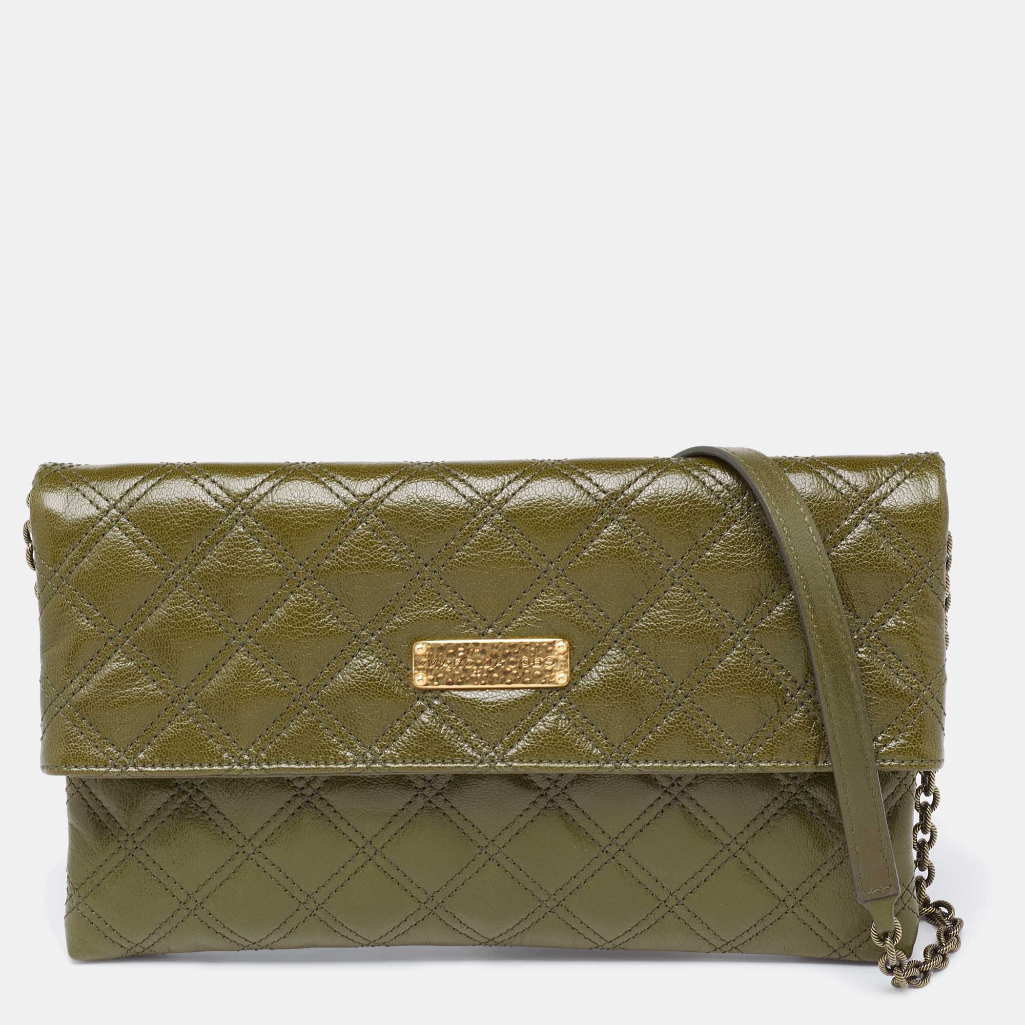 Pre Owned Marc Jacobs Olive Green Quilted Leather Eugenie Chain Clutch