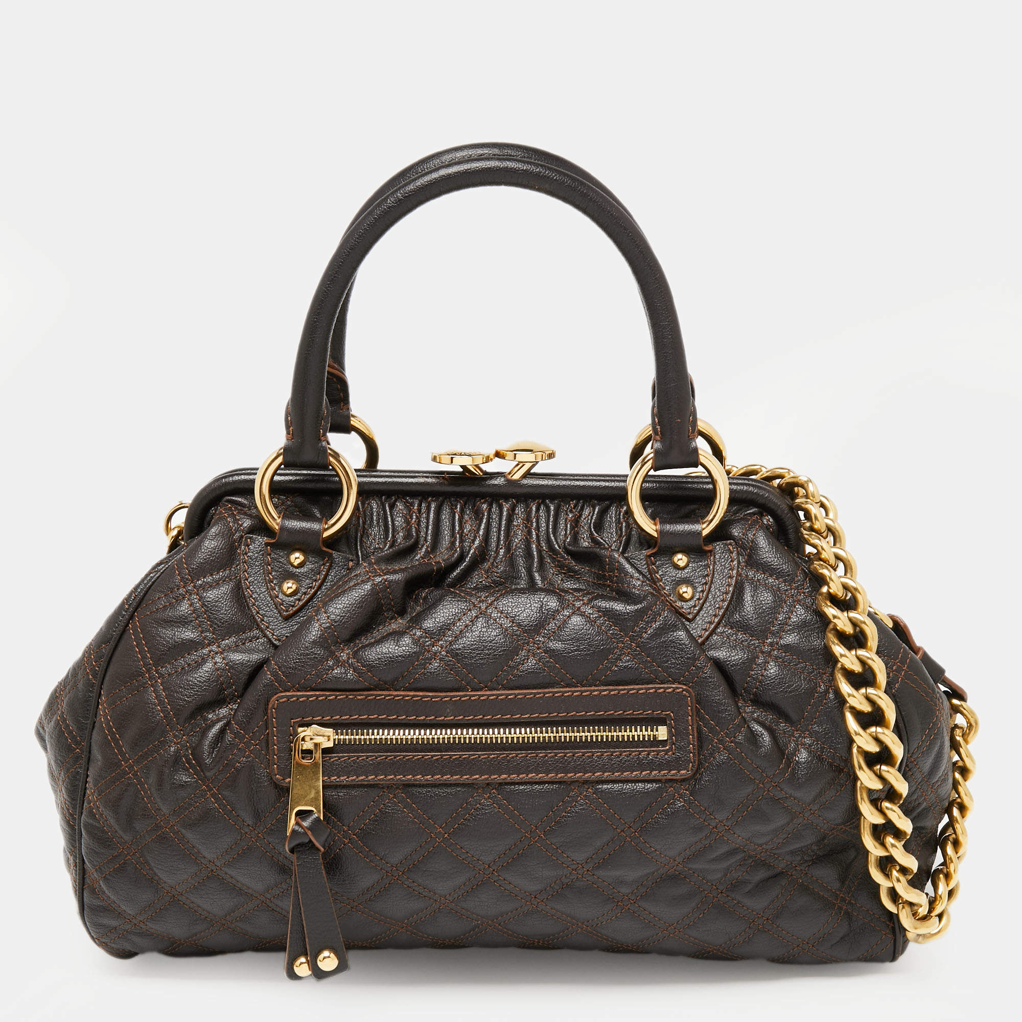 Pre Owned Marc Jacobs Dark Choco Brown Quilted Leather Stam Satchel