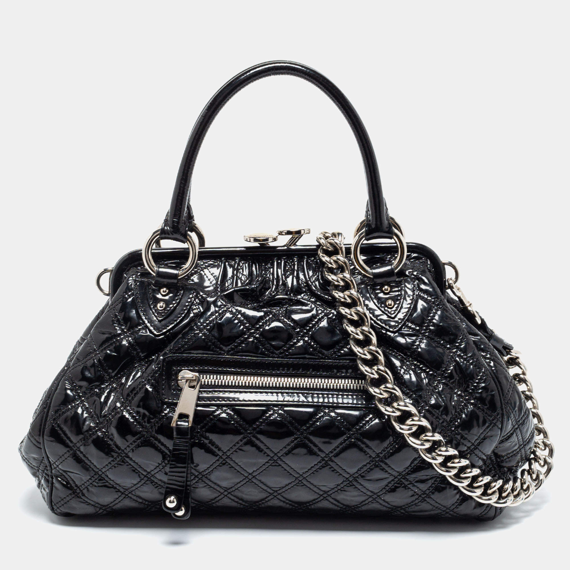 Pre Owned Marc Jacobs Black Quilted Patent Leather Stam Satchel