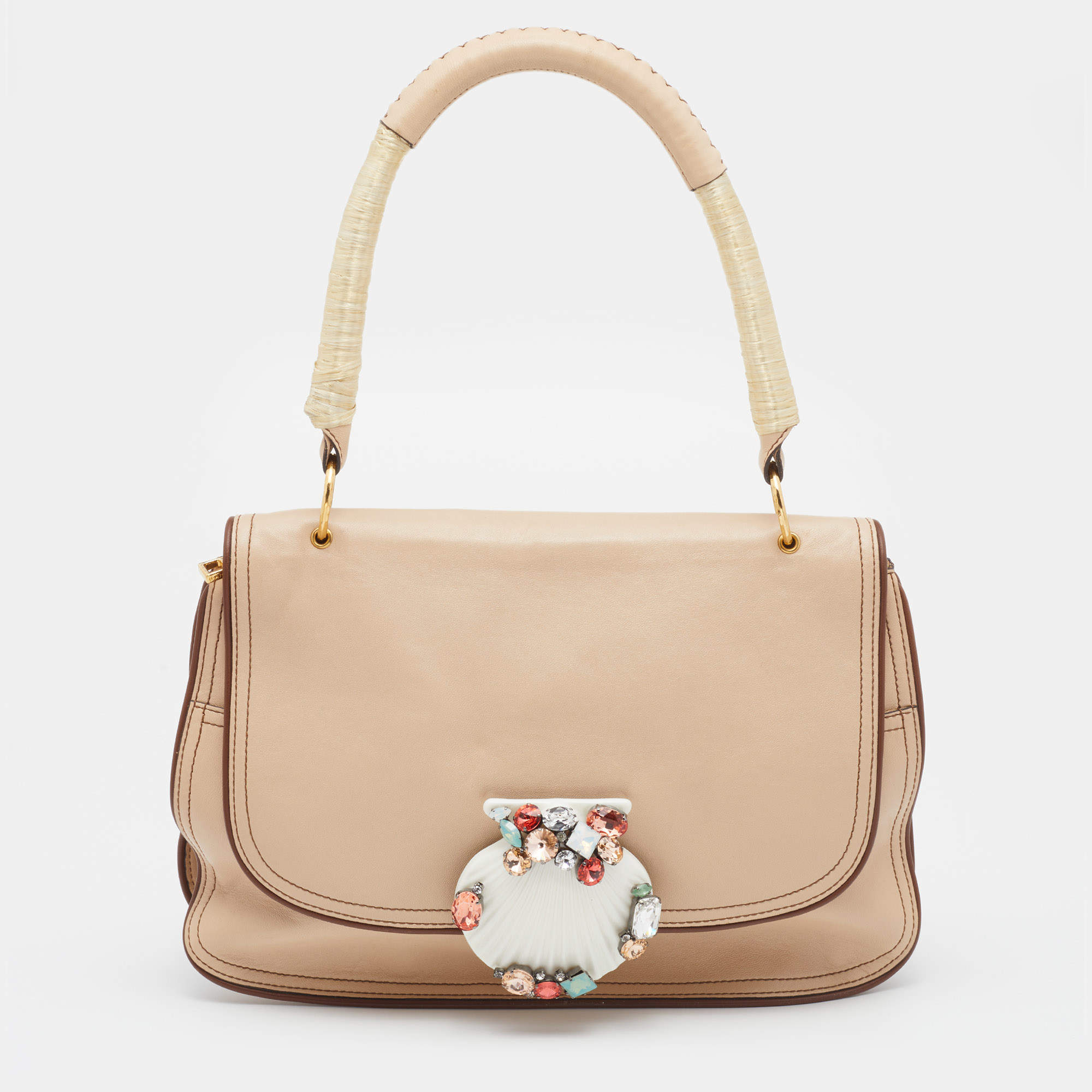 Marc Jacobs Beige Leather Crystal Embellished Flap Top Handle Bag