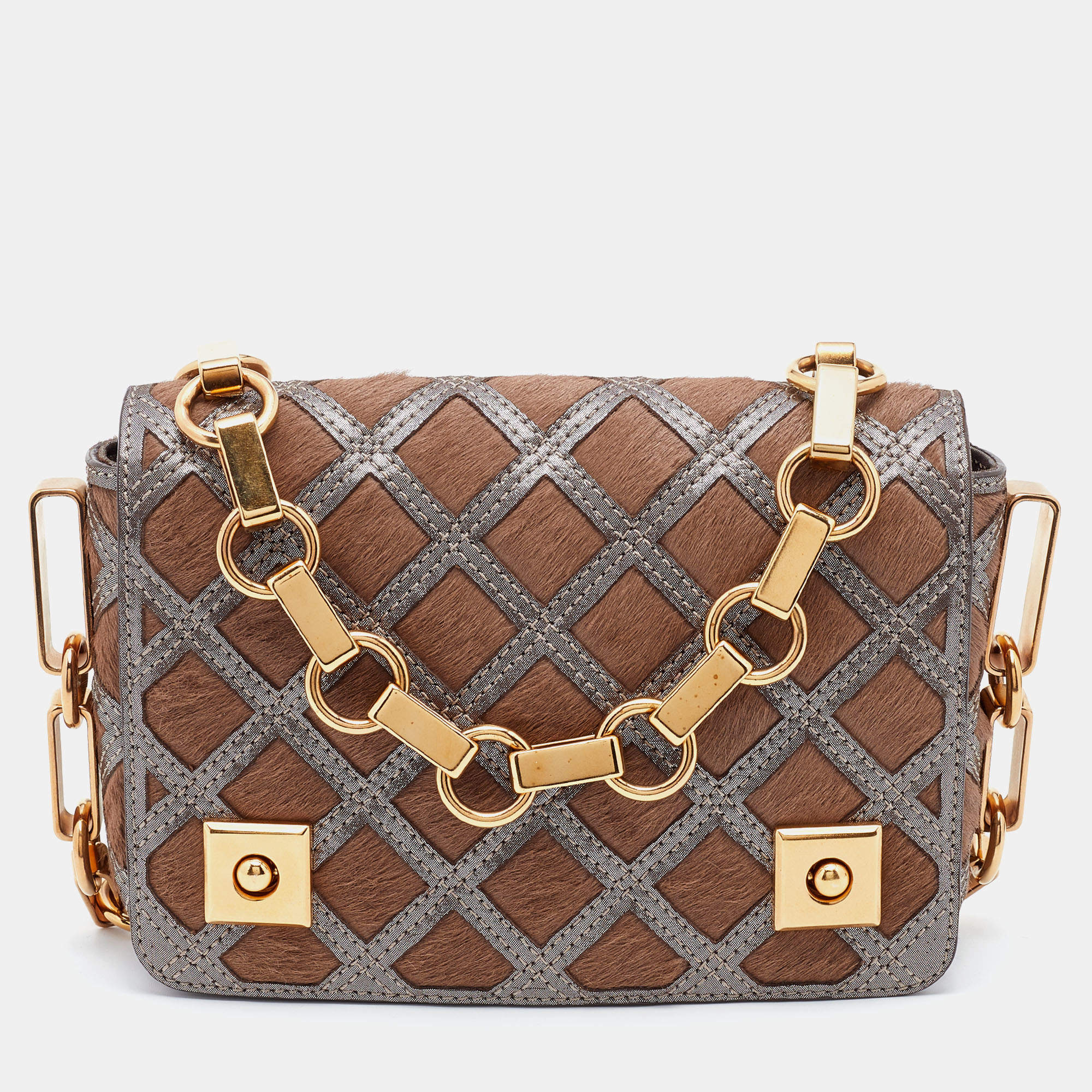 Pre Owned Marc Jacobs Brown/Grey Calfhair and Suede Flap Shoulder Bag