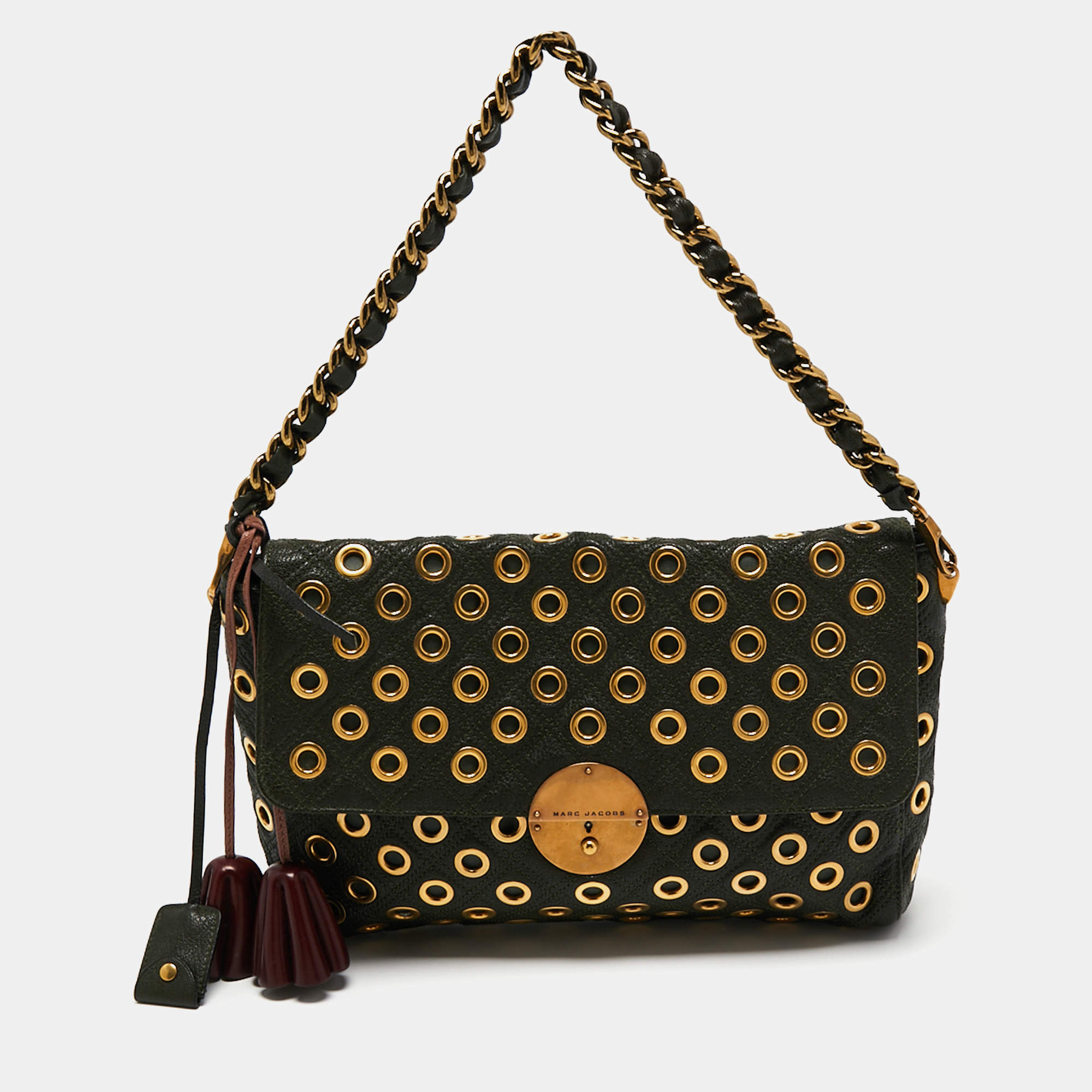 Pre Owned Marc Jacobs Dark Green Studded Leather Flap Shoulder Bag