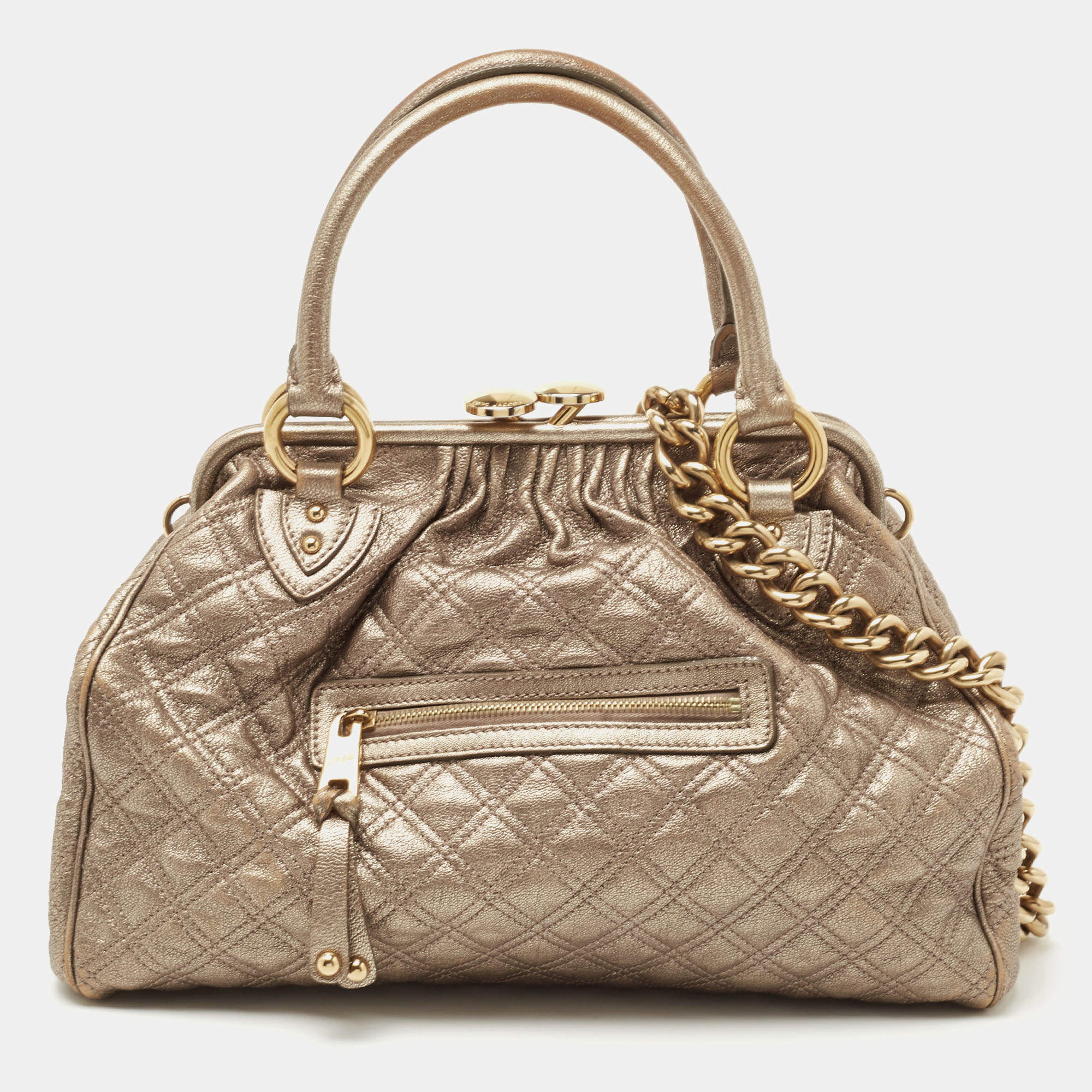 Pre Owned Marc Jacobs Metallic Bronze Quilted Leather Stam Satchel