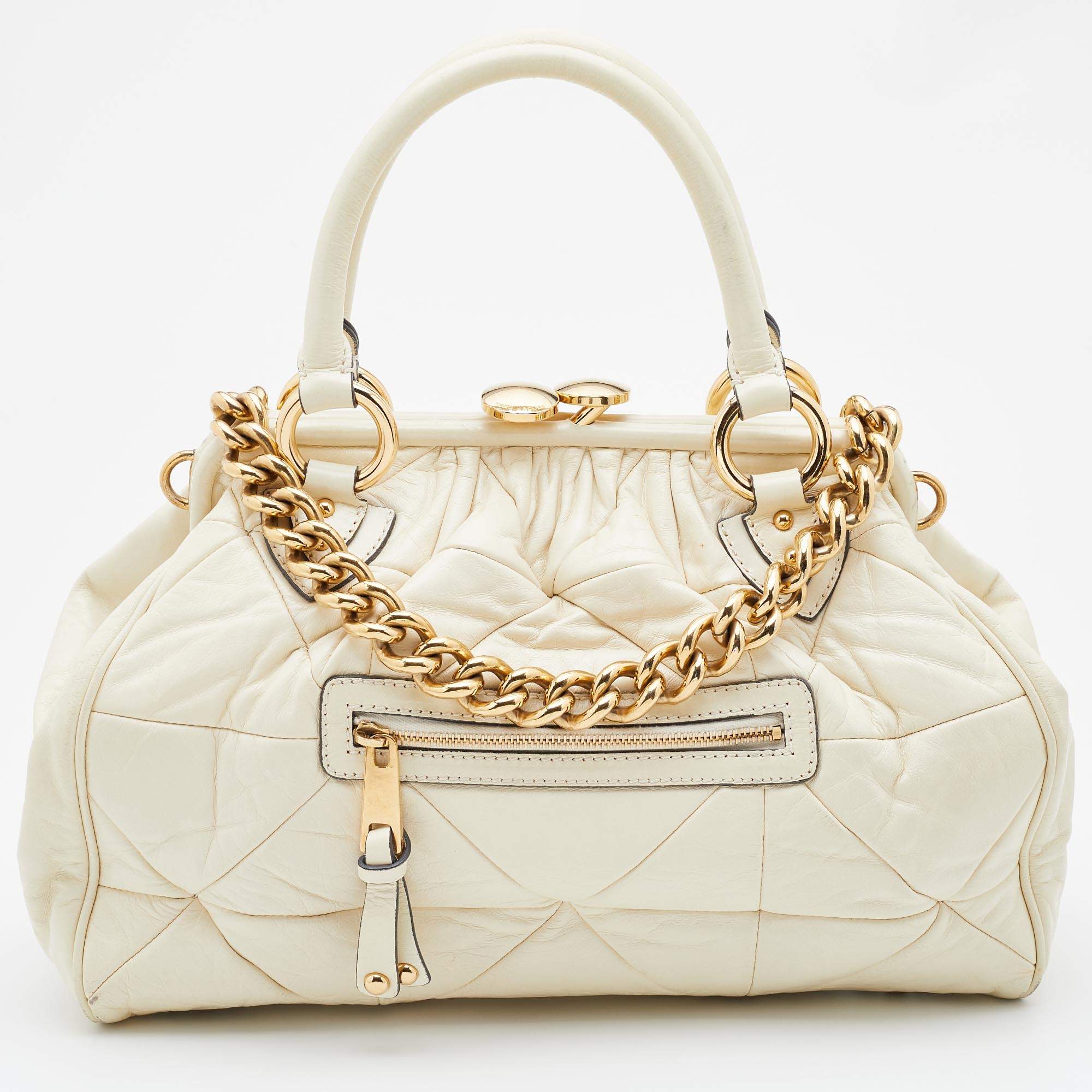 Pre Owned Marc Jacobs Cream Quilted Leather Stam Satchel