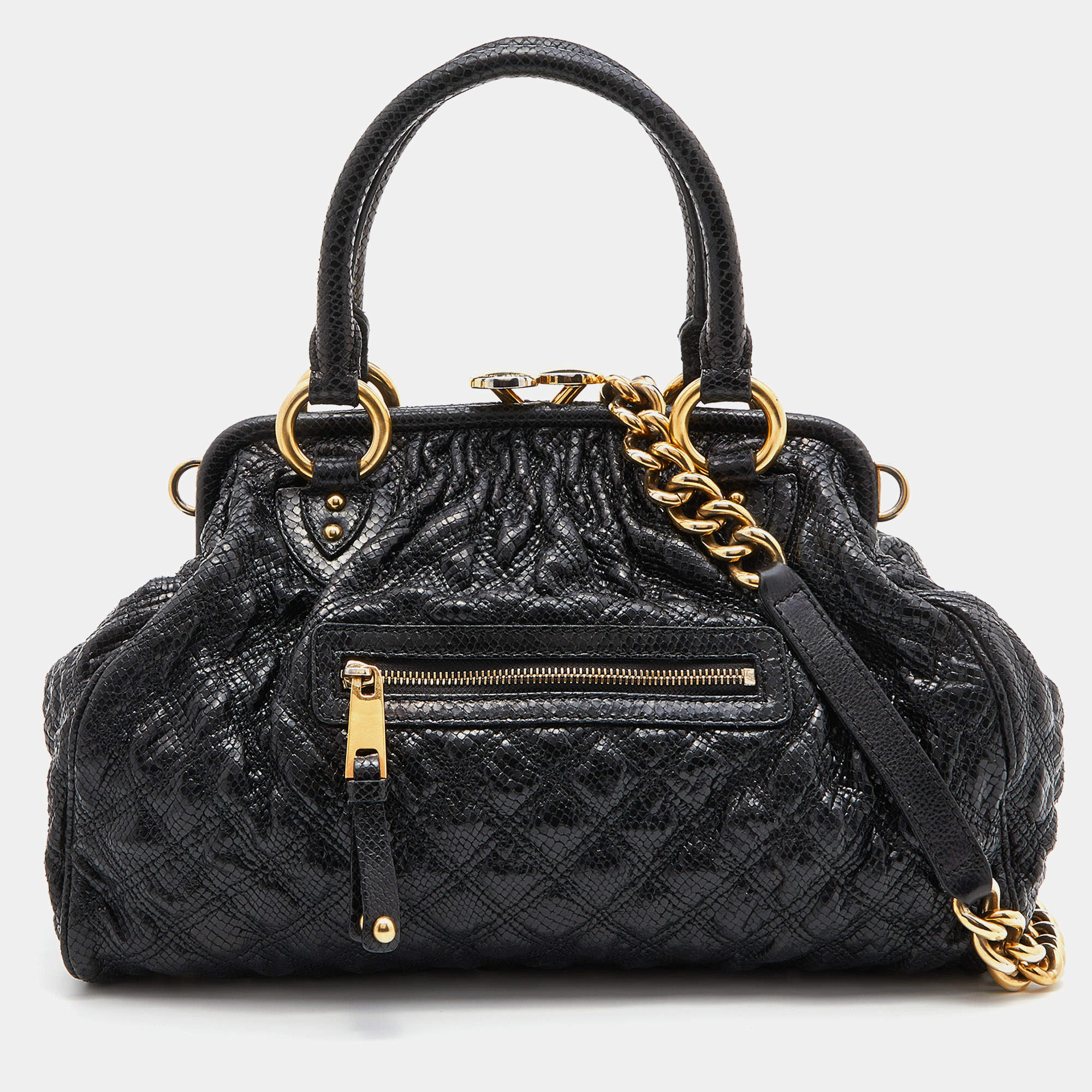 Marc Jacobs Black Snakeskin Embossed Leather Stam Satchel