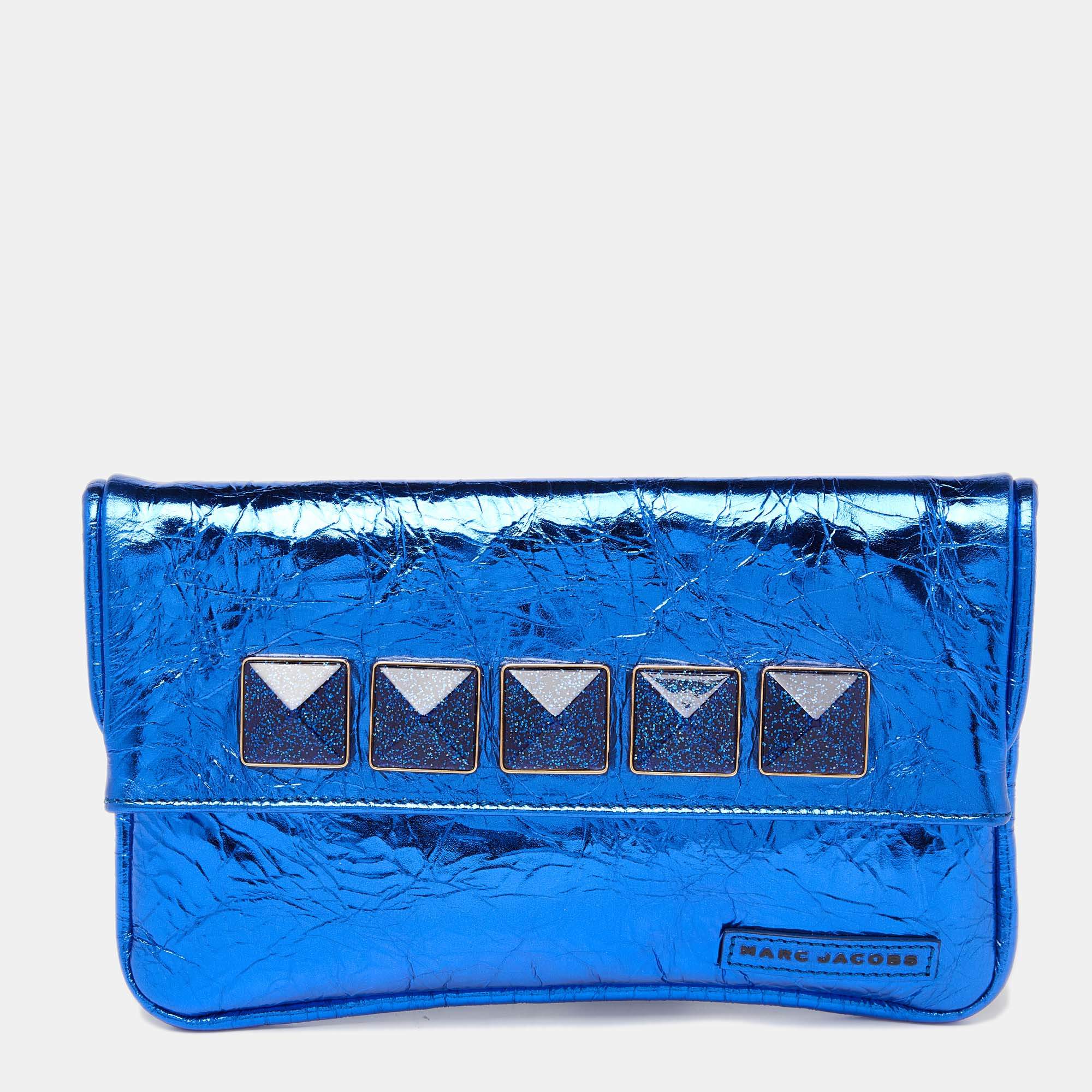 Marc Jacobs Metallic Blue Crinkled Patent Leather Fergie Clutch
