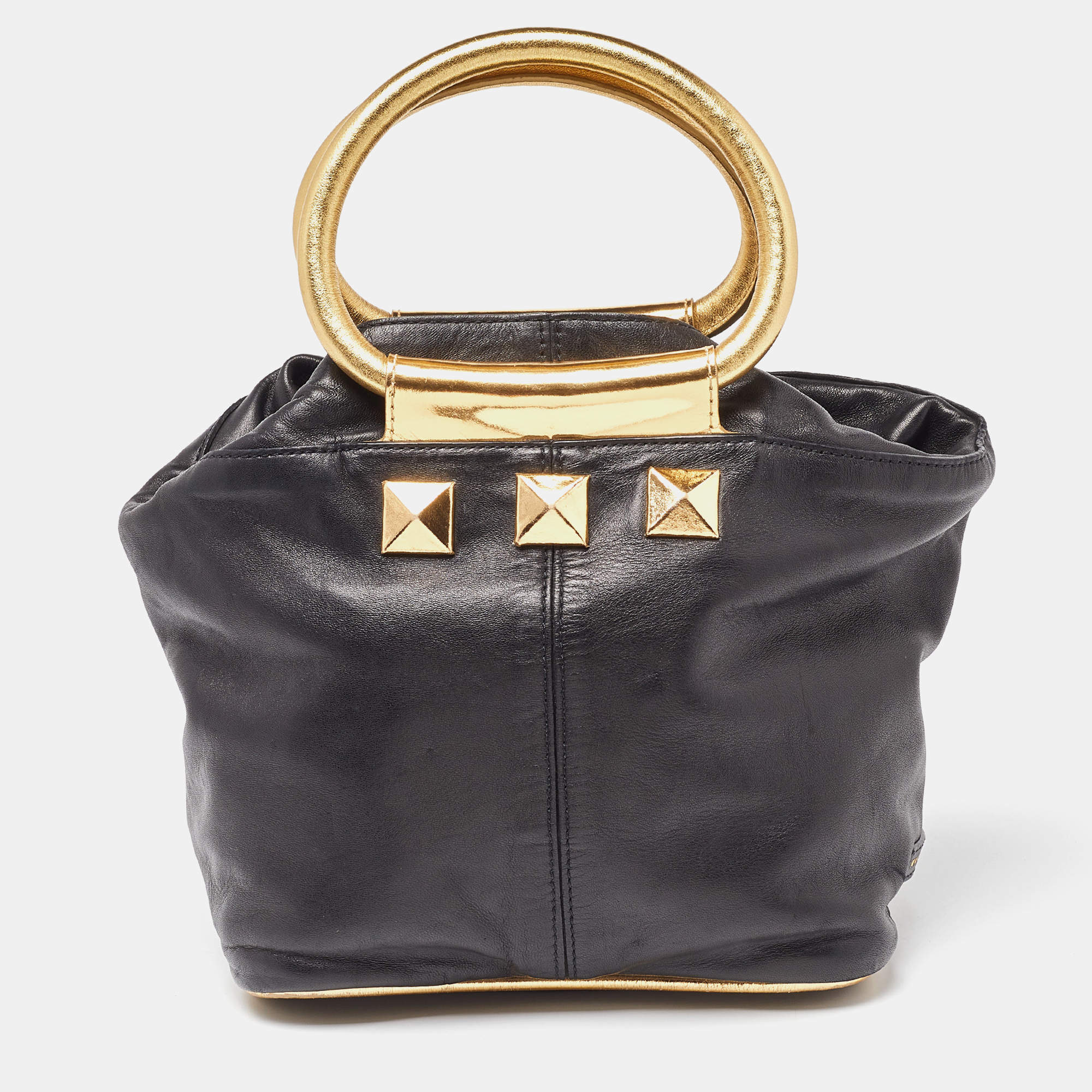 Pre Owned Marc Jacobs Black/Gold Leather Studded Ring Handle Tote