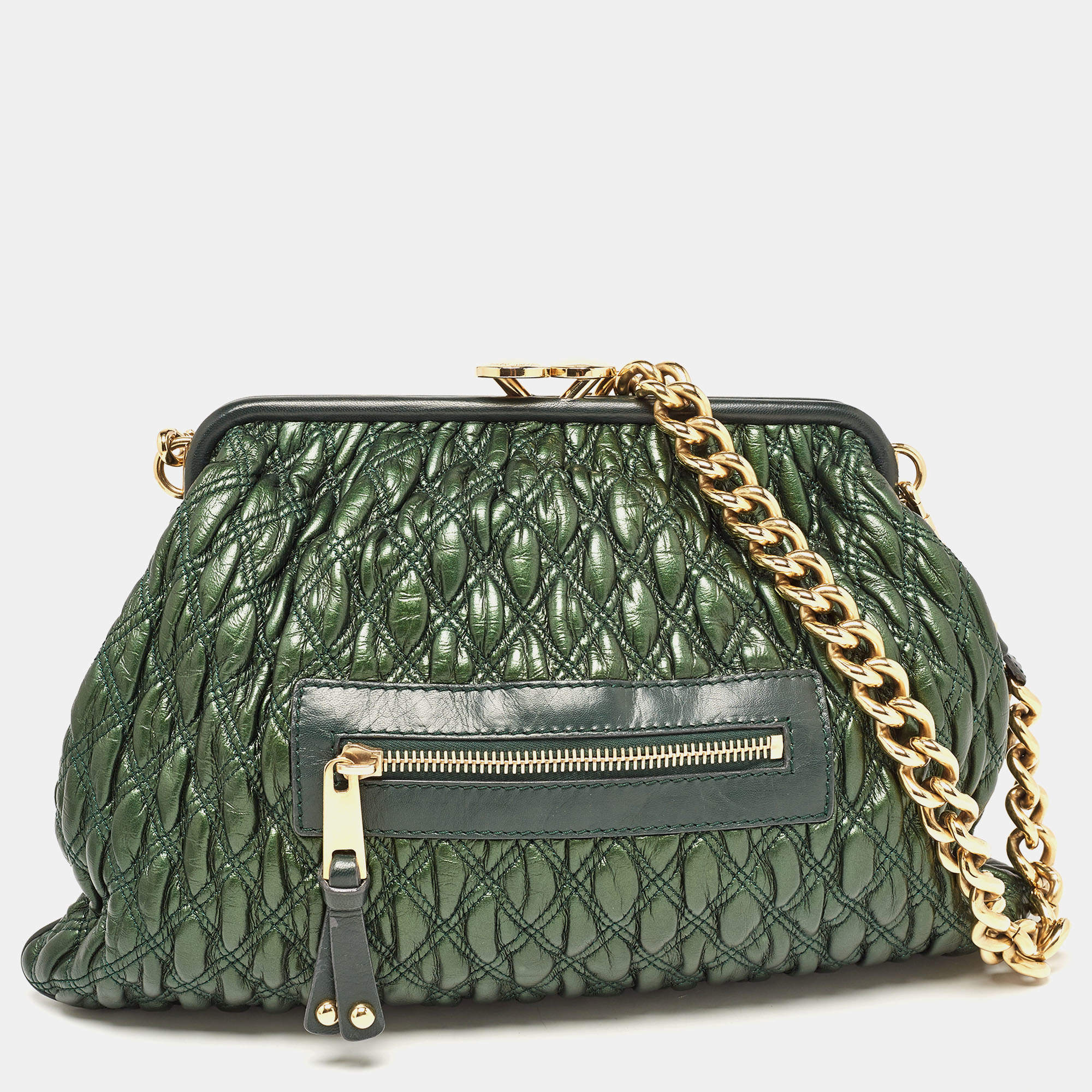 Pre Owned Marc Jacobs Metallic Green Quilted Leather Stam Shoulder Bag