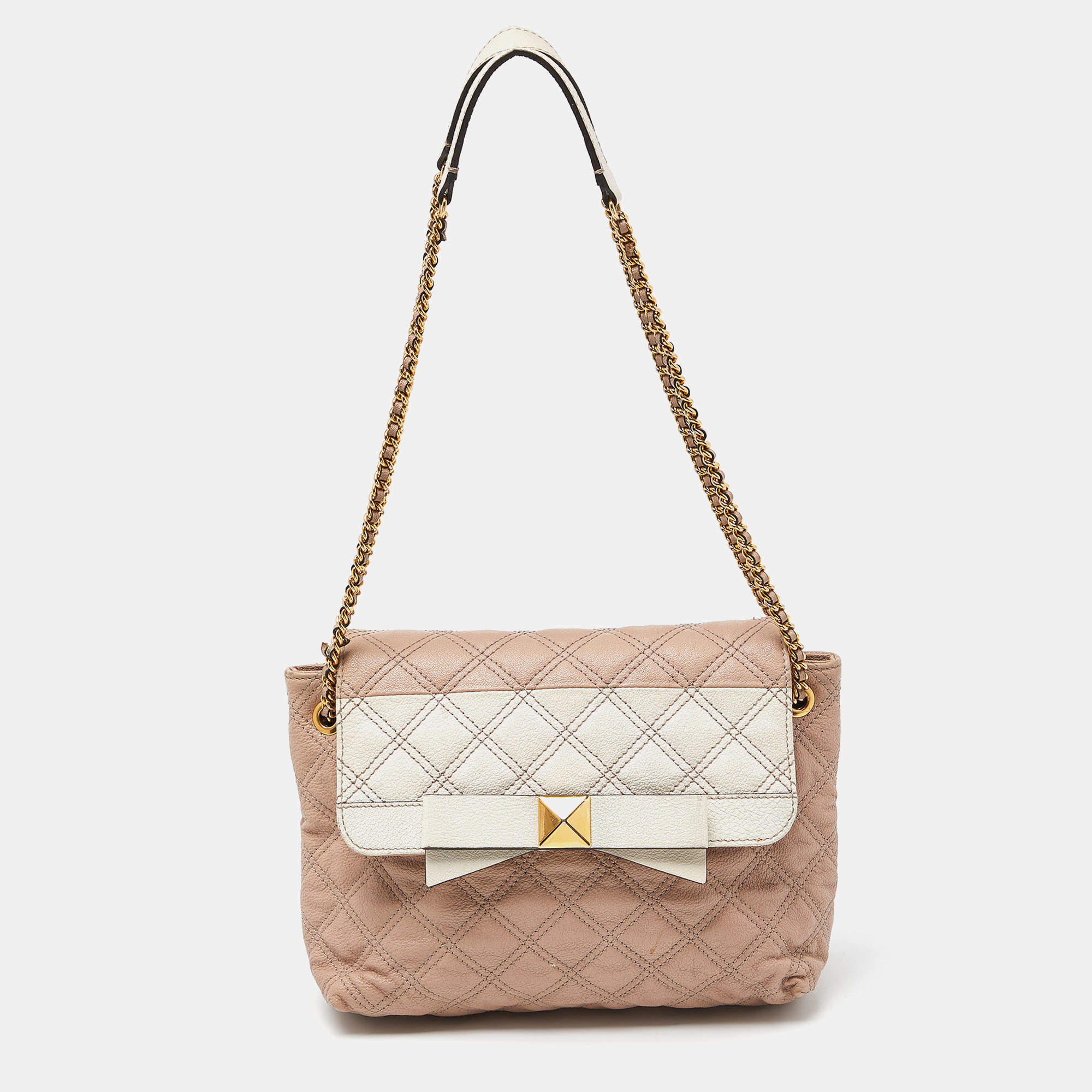 Pre Owned Marc Jacobs Pink/White Quilted Leather Bow Shoulder Bag