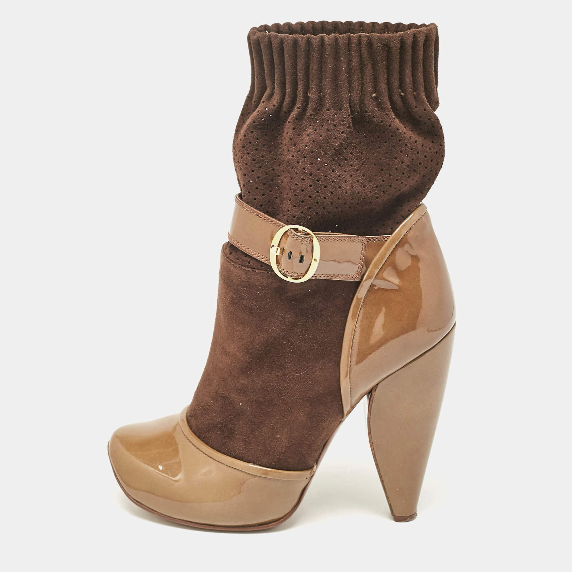 Marc Jacobs Olive Green/Brown Suede and Patent Leather 'Sock' Ankle Boots Size  37