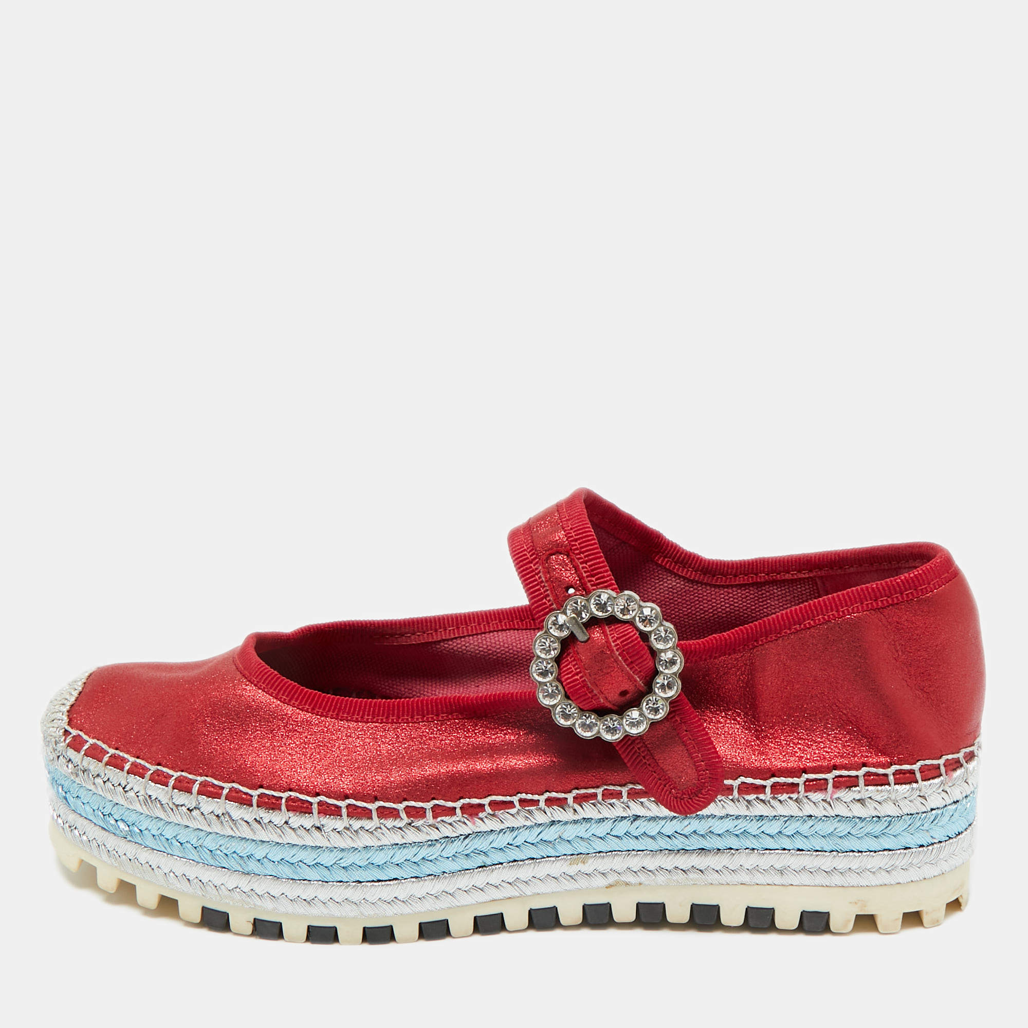 Pre Owned Marc Jacobs Metallic Red Nubuck Suzi Crystal Embellished Brooch Mary Jane Espadrille Platforms Side 37