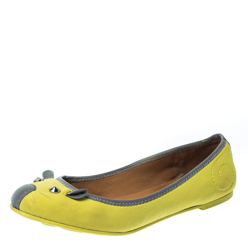 Pre Owned Marc by Marc Jacobs Citrus Green/Grey Fabric Mouse Ballet Flats Size 39