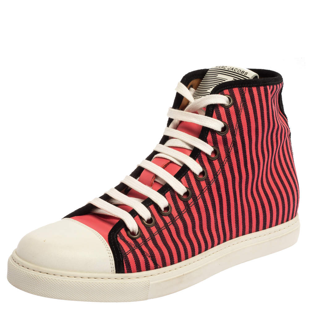 Pre Owned Marc Jacobs Pink/Black Canvas and Leather Striped Lace High Top Sneakers Size 41