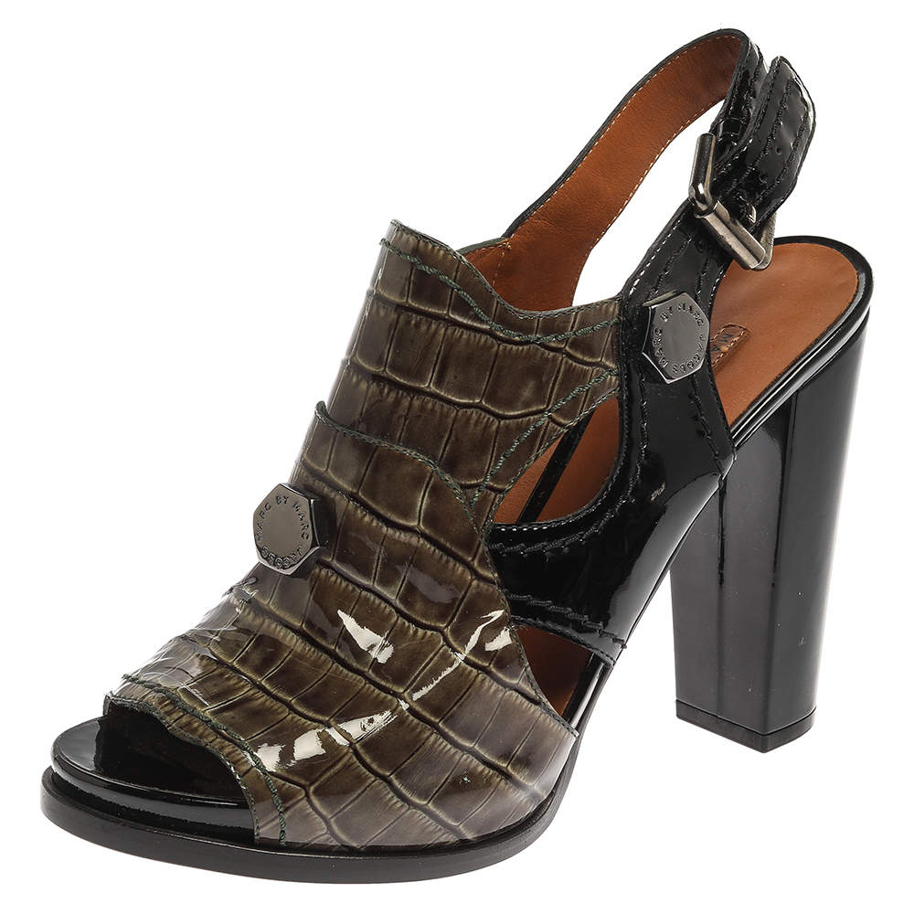 Marc Jacobs Green/Black Croc Embossed Patent Leather Slingback Sandals Size 39.5