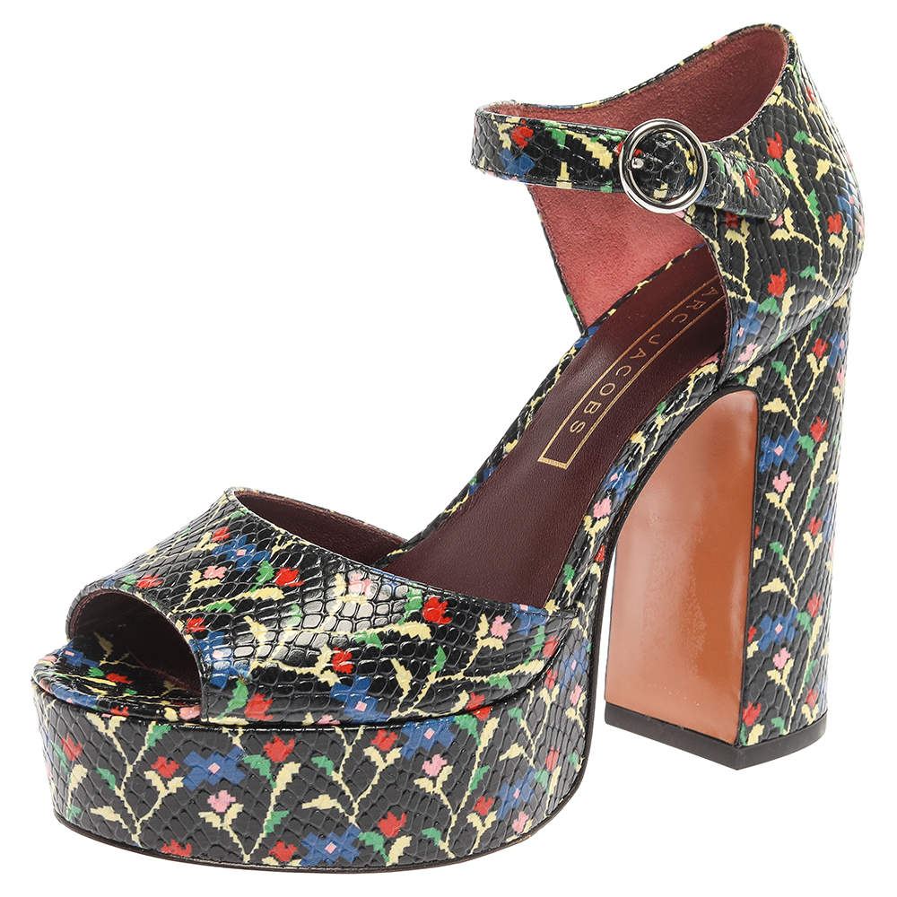 Marc Jacobs Multicolor Snake Embossed Leather Sky Floral Platform Sandals Size 38