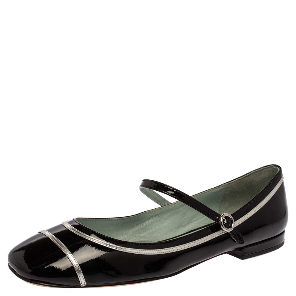 Pre Owned Marc Jacobs Black/ Silver Patent Leather Poppy Mary Jane Ballerina Flat Size 39.5